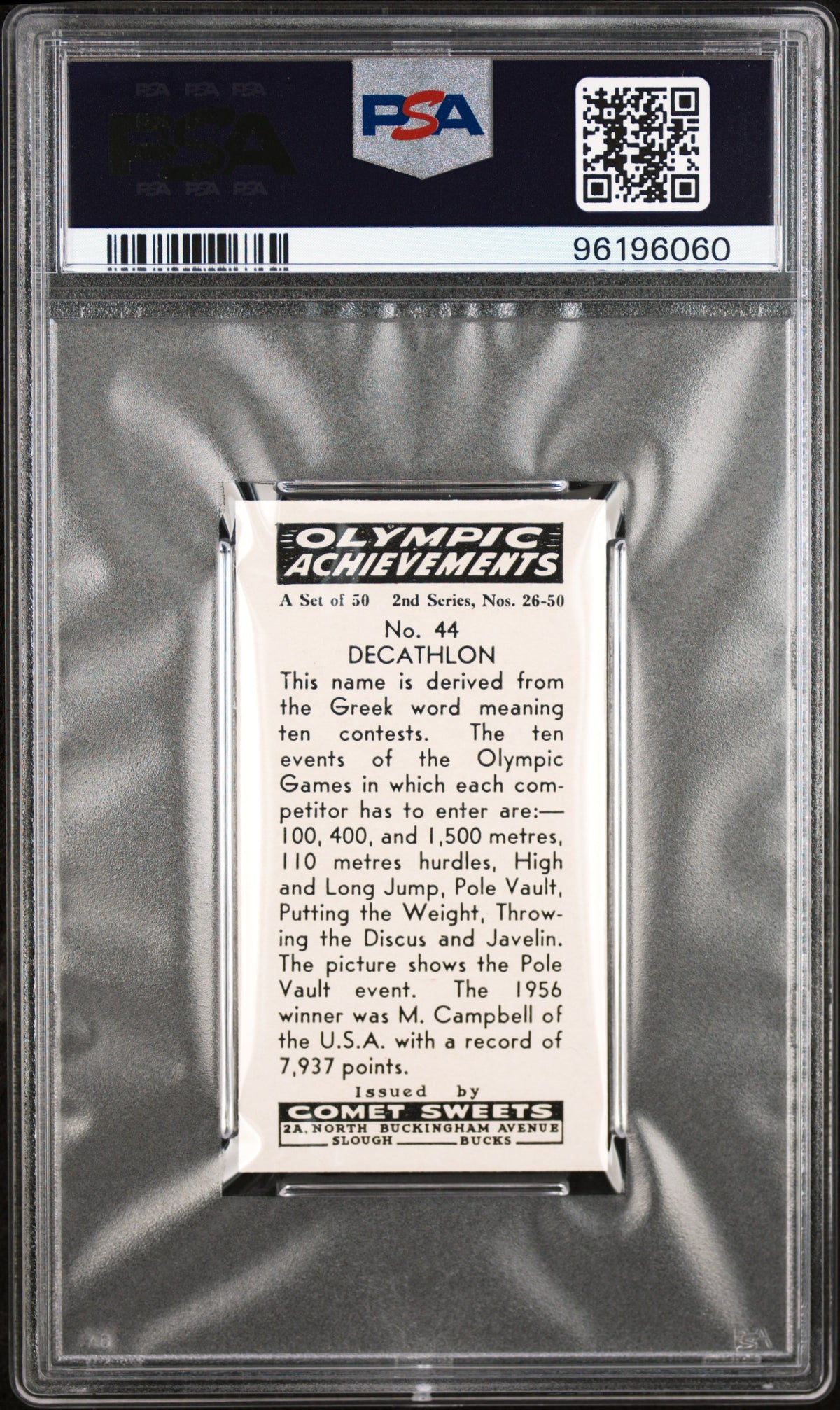 1959 Comet Sweets Decathlon #44 Olympic Achievements-2nd Series PSA 9