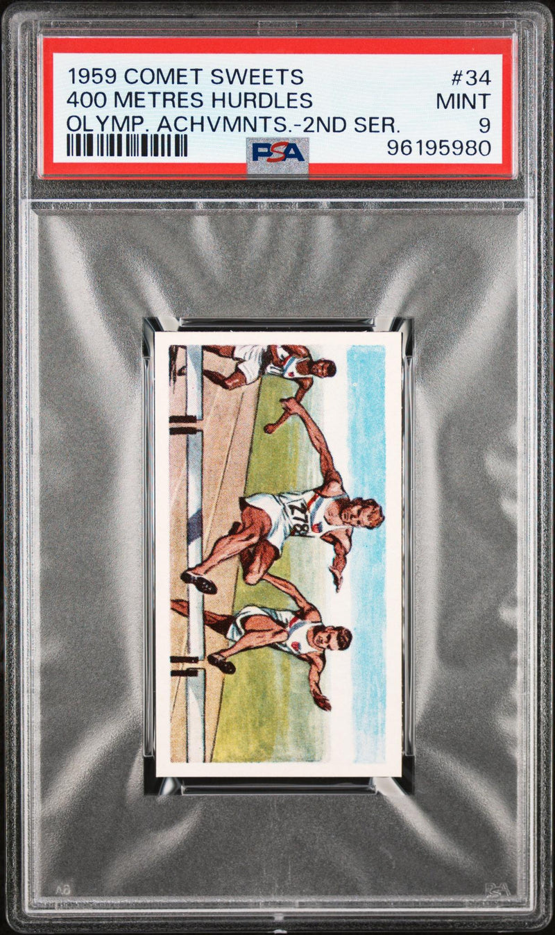 1959 Comet Sweets Olympic Achievements Olymp. Achvmnts.-2nd Ser. Metres Hurdles #34 PSA 9