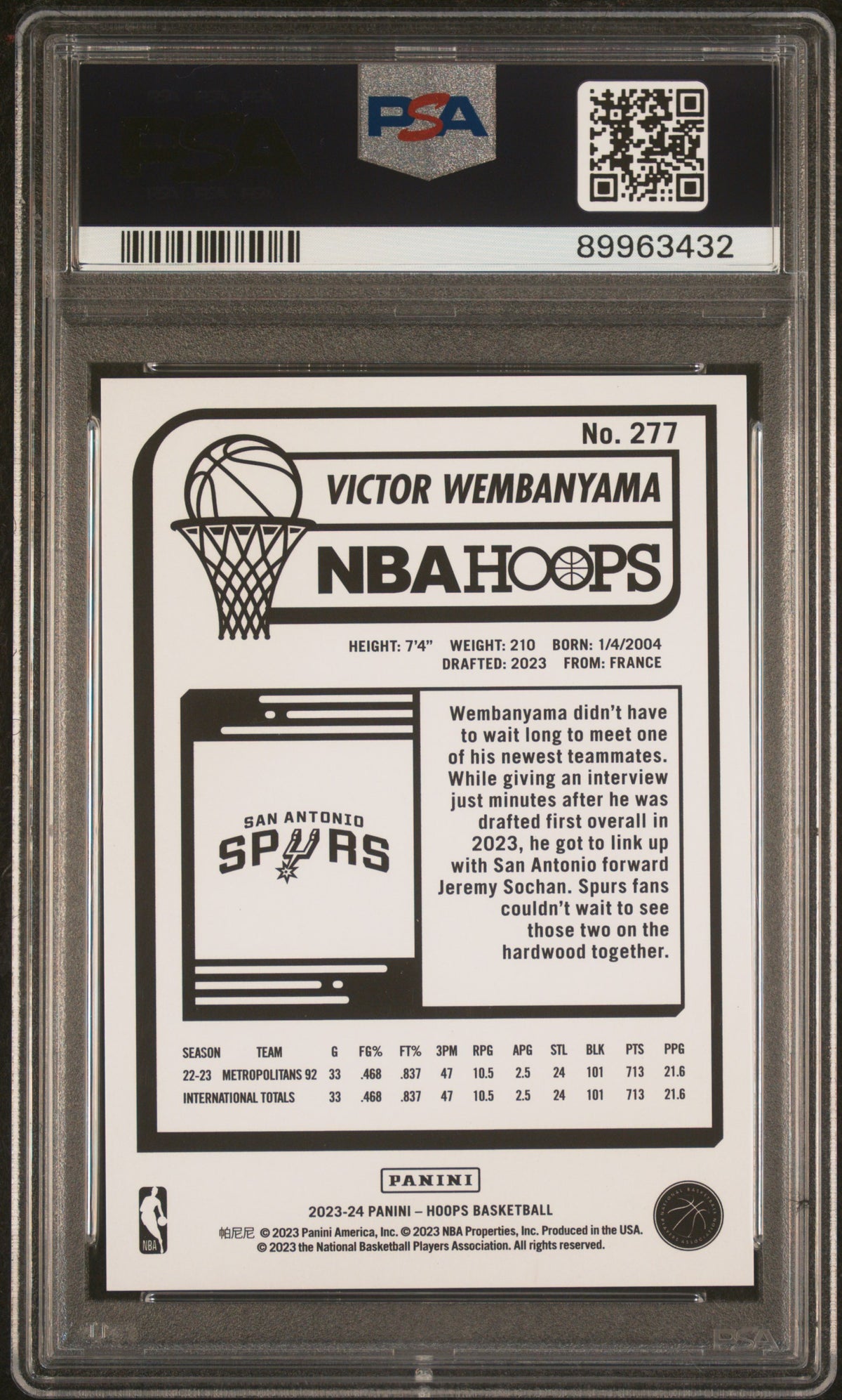 2023 Hoops Premium Box Set Victor Wembanyama #277 /199 /1999 PSA 10