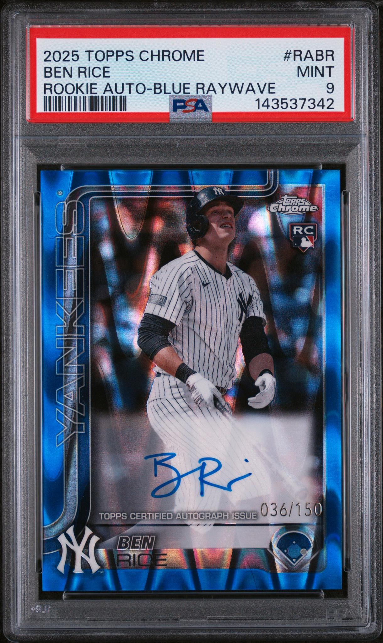 2025 Topps Chrome Rookie Autographs Blue Raywave Ben Rice #RABR /150 PSA 9