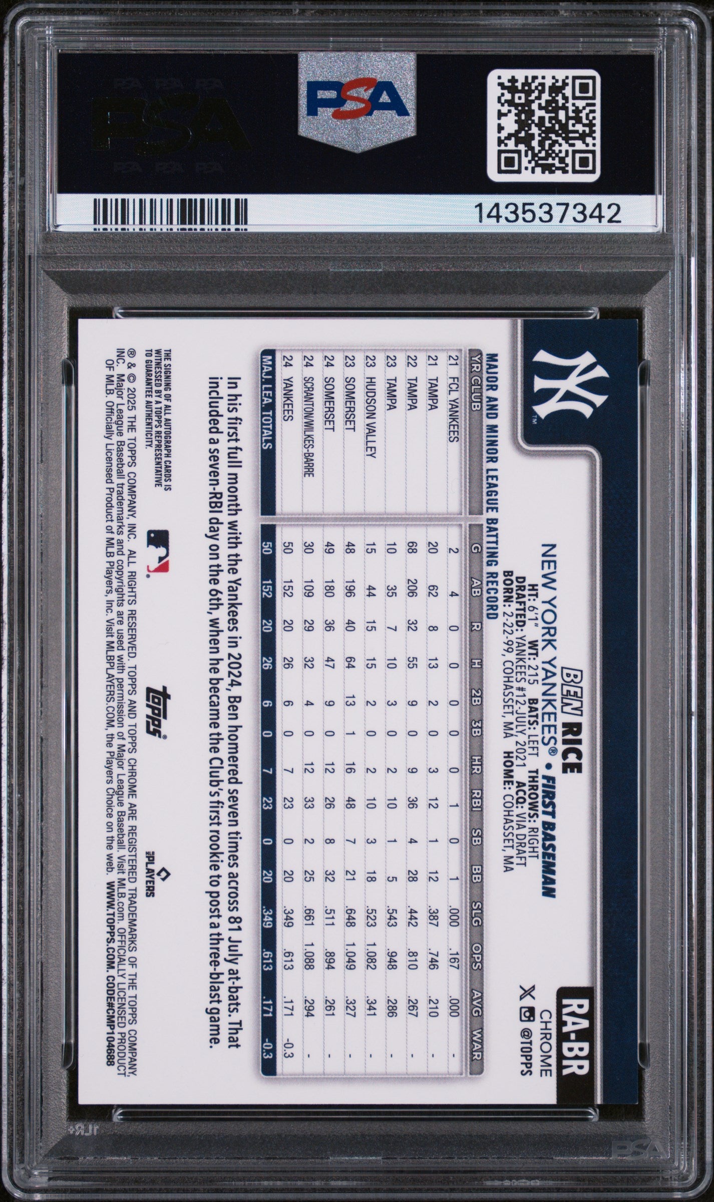 2025 Topps Chrome Rookie Autographs Blue Raywave Ben Rice #RABR /150 PSA 9