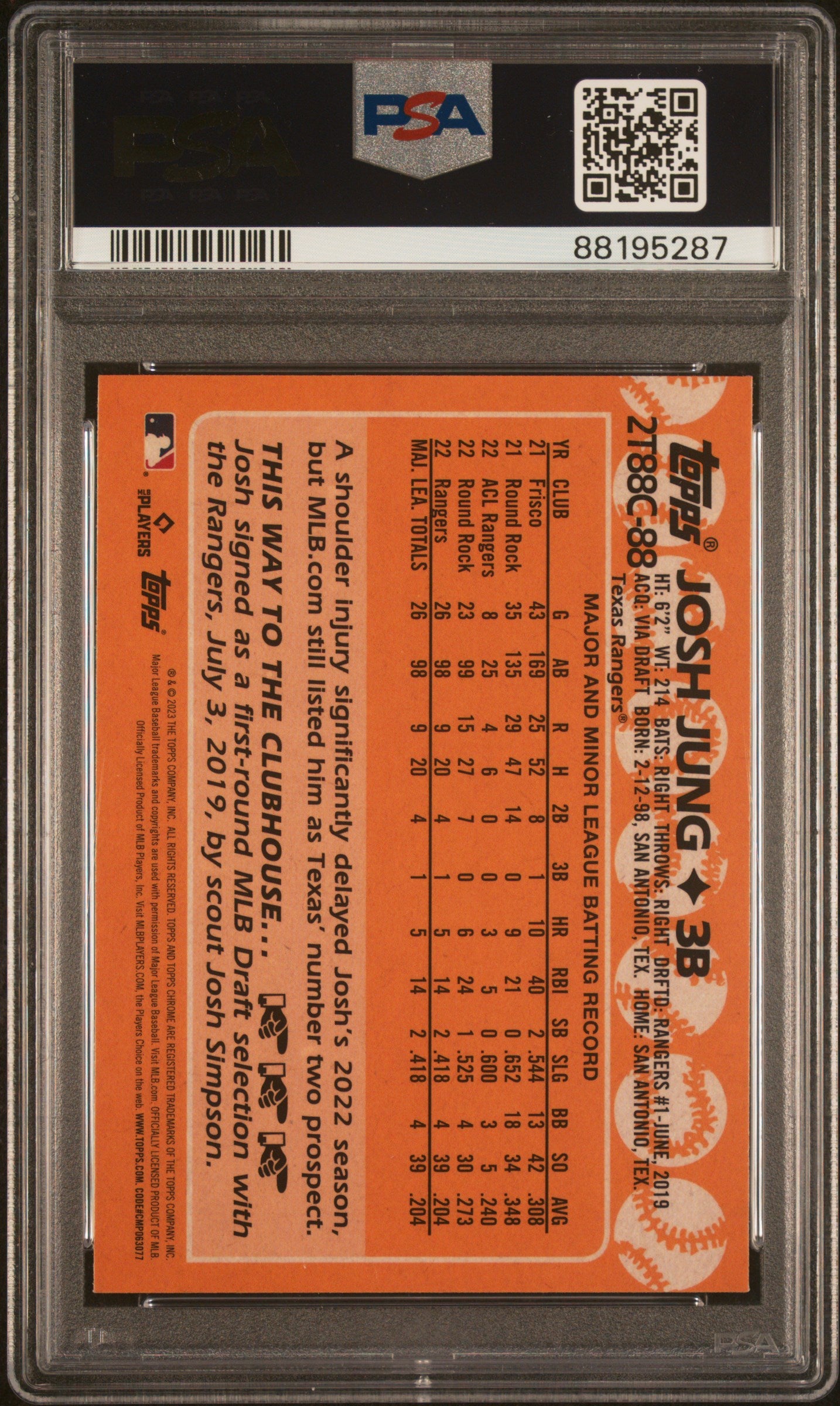 2023 Topps Silver Pack 1988 Chrome Promo Series 2 Josh Jung #2T88C88 PSA 10
