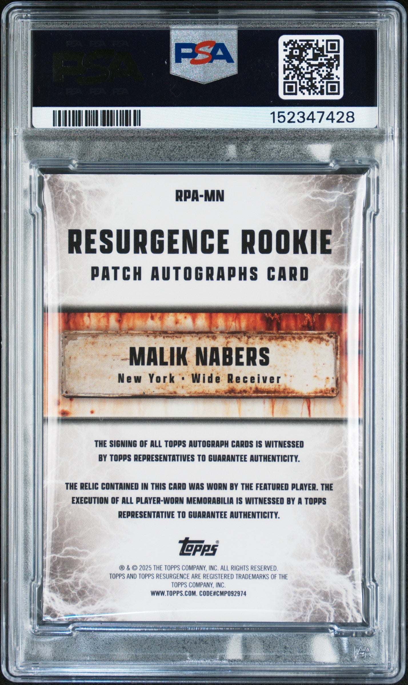 2024 Topps Resurgence Resurgence Rookie Patch Autographs Orange Power Surge Malik Nabers #RPAMN /25 PSA 10