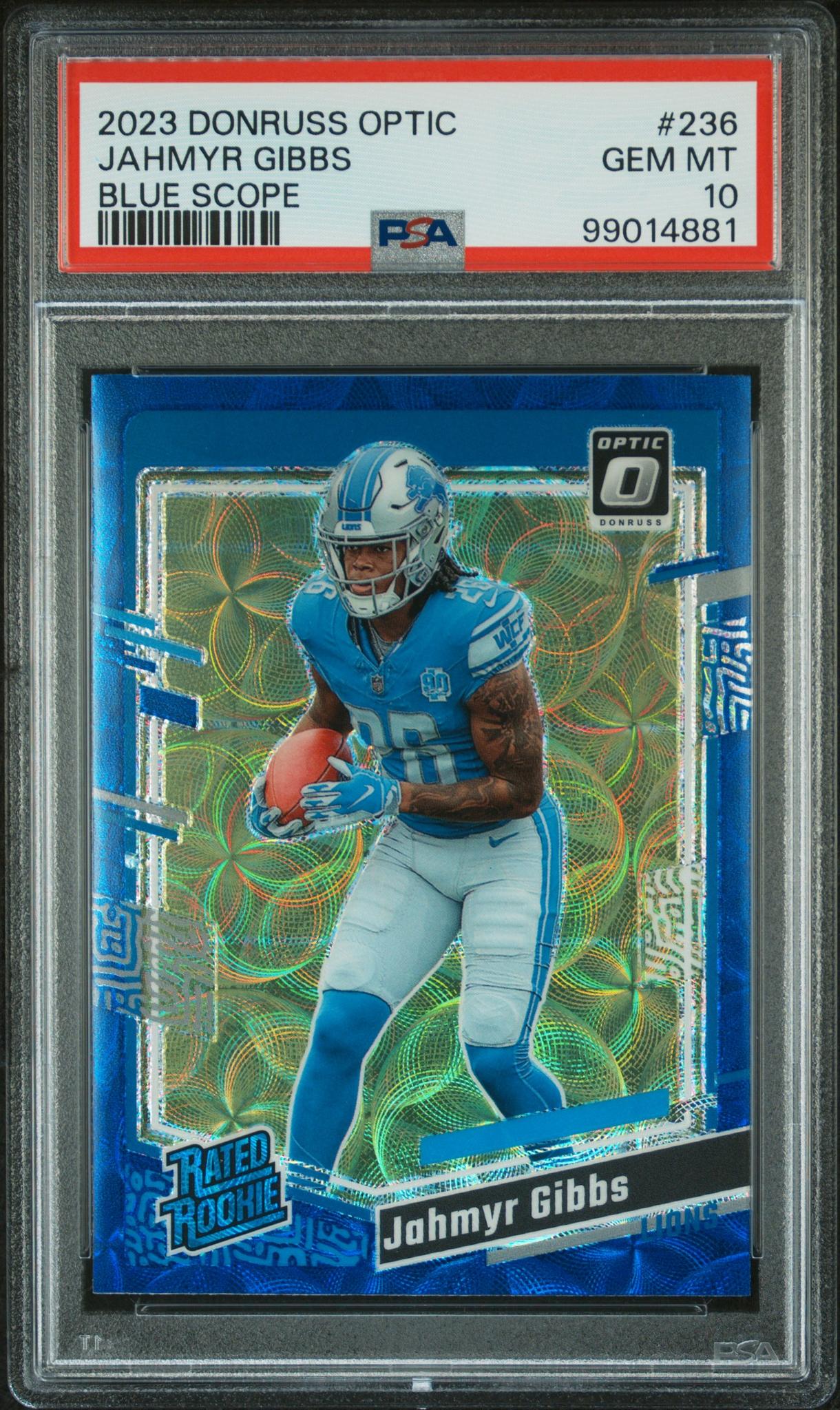 2023 Donruss Optic Rated Rookie Blue Scope Jahmyr Gibbs #236 PSA 10
