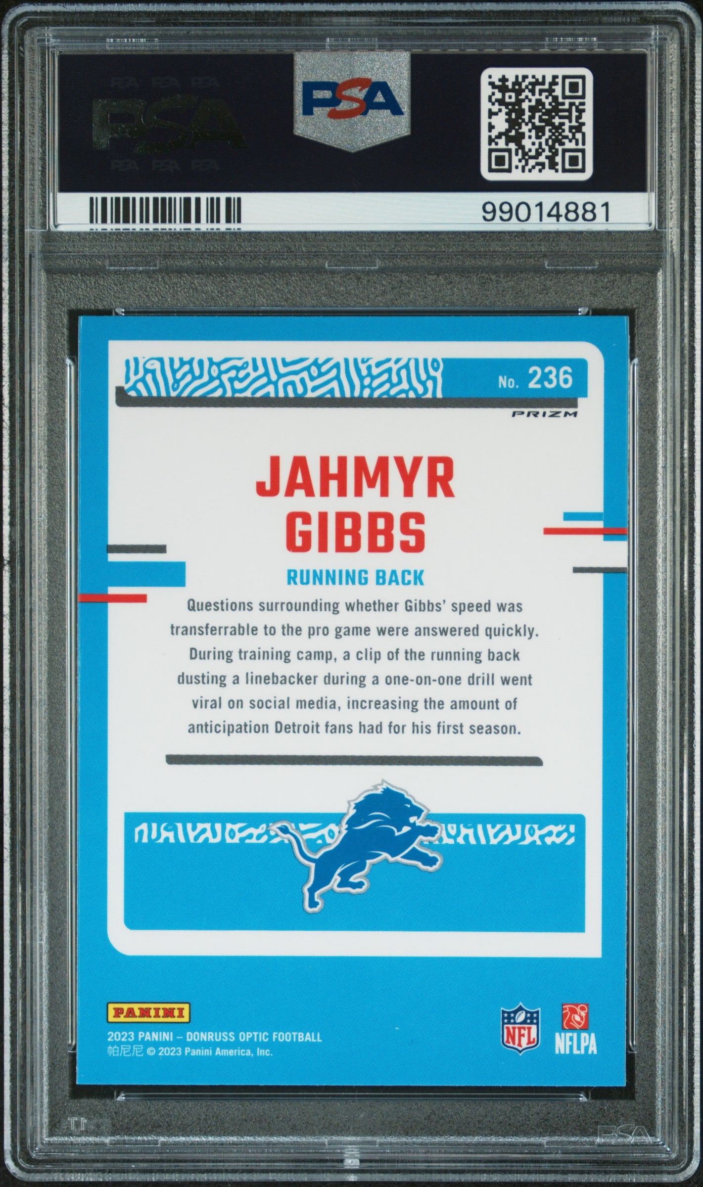 2023 Donruss Optic Rated Rookie Blue Scope Jahmyr Gibbs #236 PSA 10