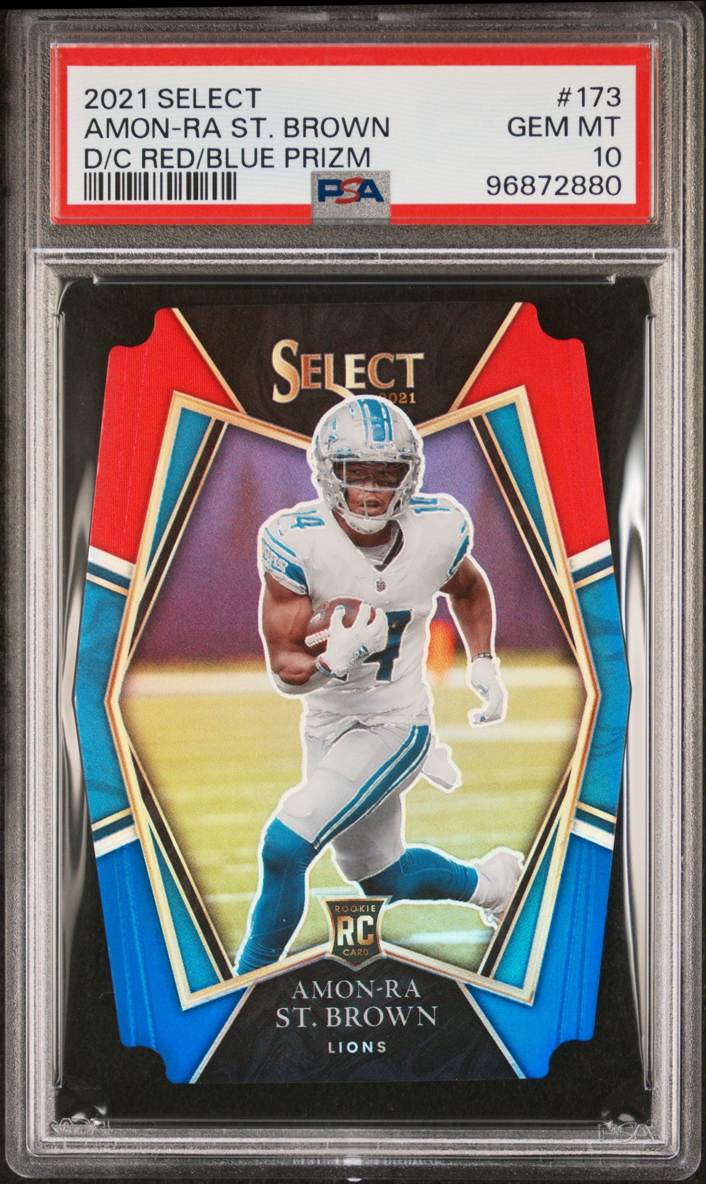 2021 Select Prizm Red and Blue Die Cut Amon-Ra St. Brown #173 PSA 10