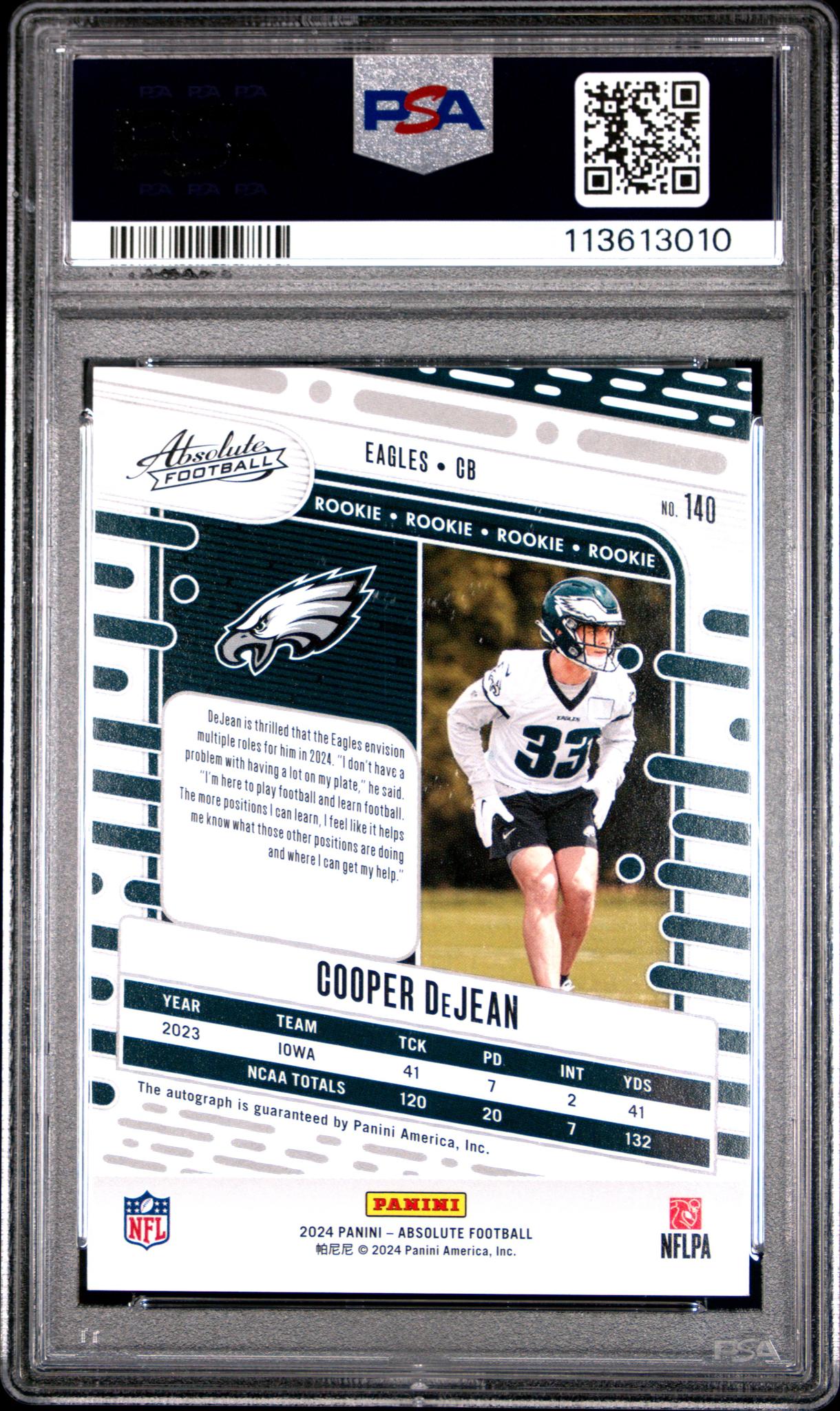 2024 Panini Absolute Signature Rookies Cooper Dejean #140 PSA 10