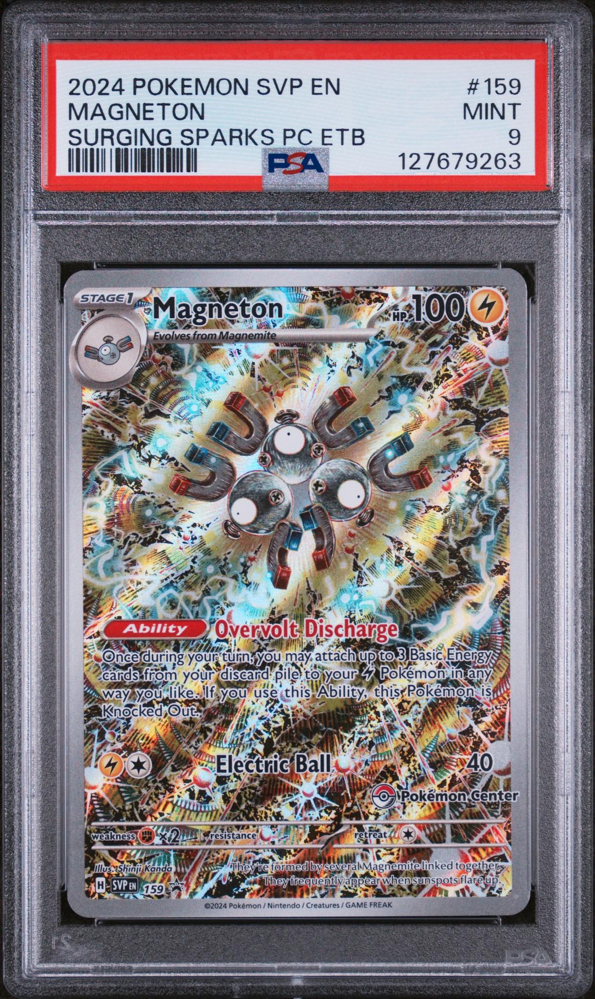 2024 Pokemon Scarlet and Violet Black Star Promo Surging Sparks Pokemon Center Elite Trainer Box Magneton #159 PSA 9
