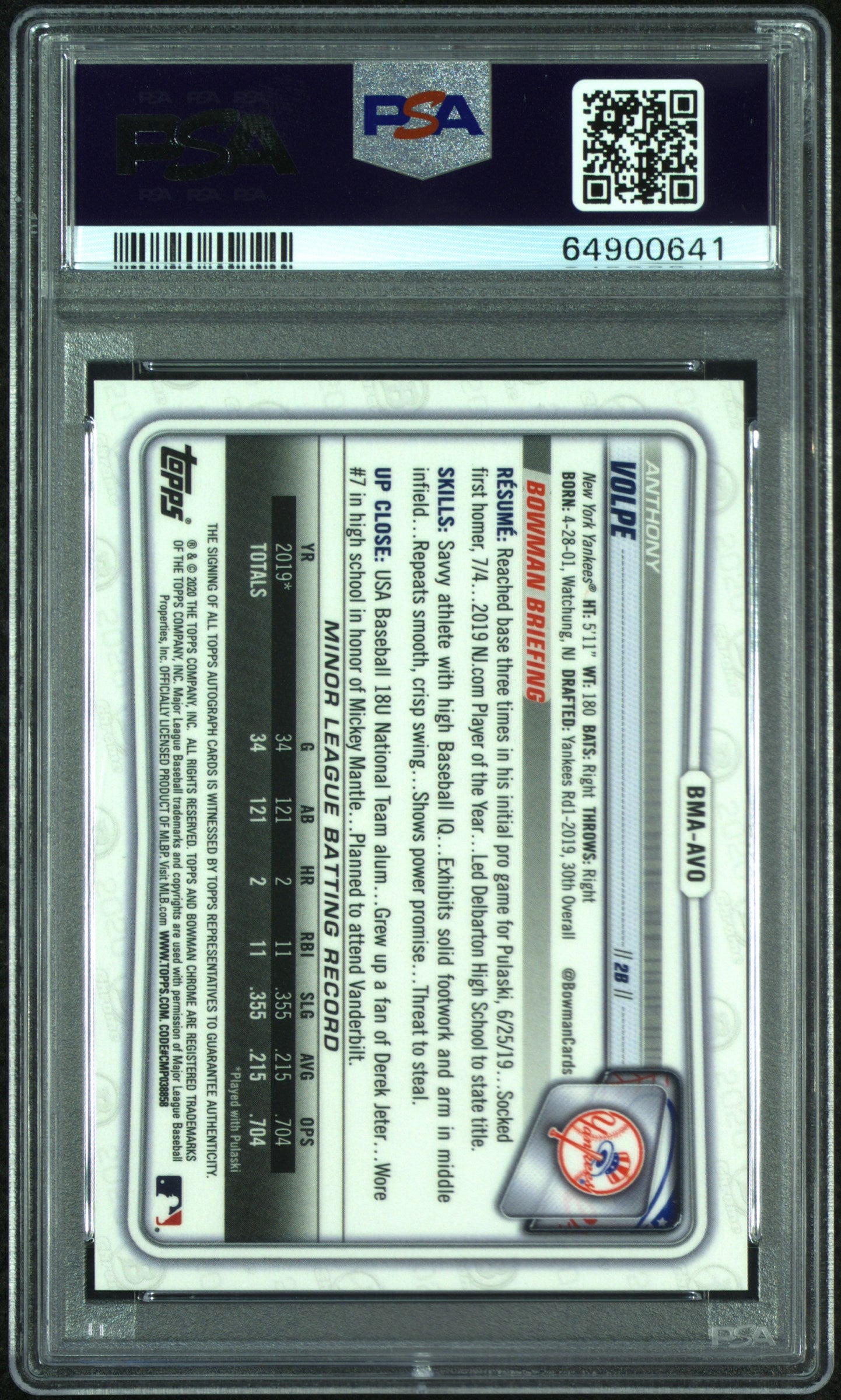2020 Bowman Chrome Mega Box Prospect Autograph Refractor Anthony Volpe #BMAAVO PSA 10
