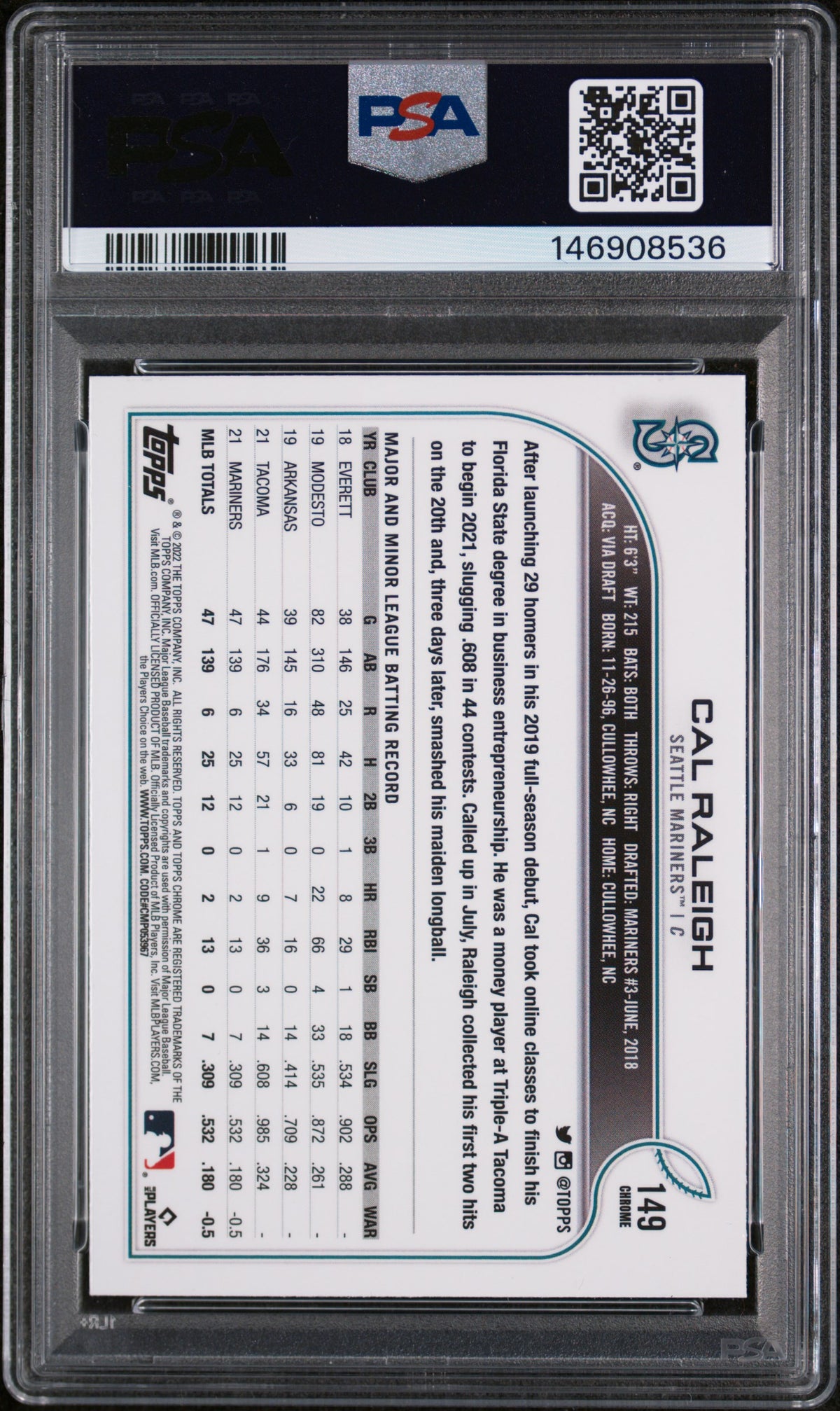 2022 Topps Chrome Prism Refractor Cal Raleigh #149 PSA 9