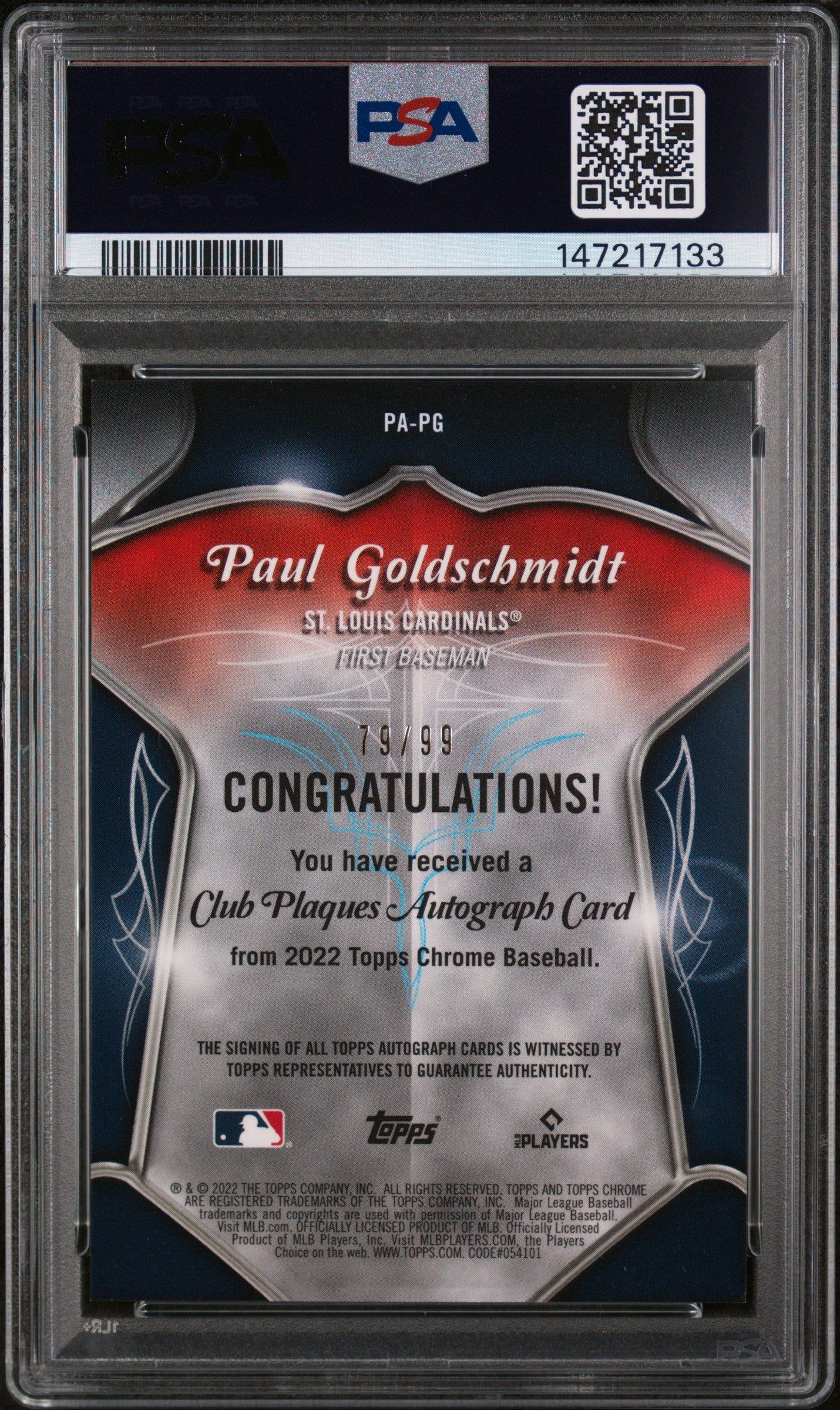 2022 Topps Chrome Pinstriped Autographs Paul Goldschmidt #PAPG /99 PSA 9