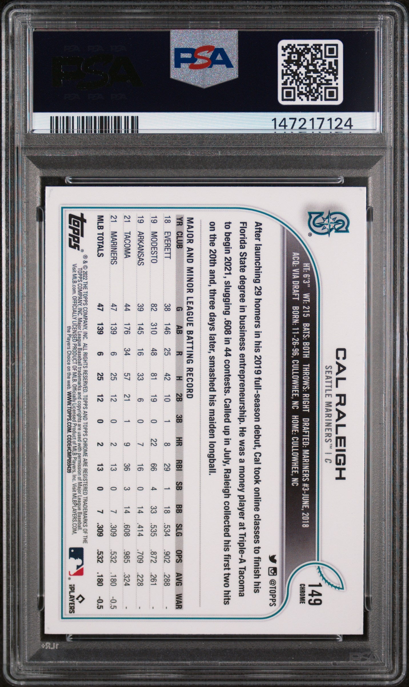 2022 Topps Chrome Sonic Black & White Raywave Refractor Cal Raleigh #149 PSA 9
