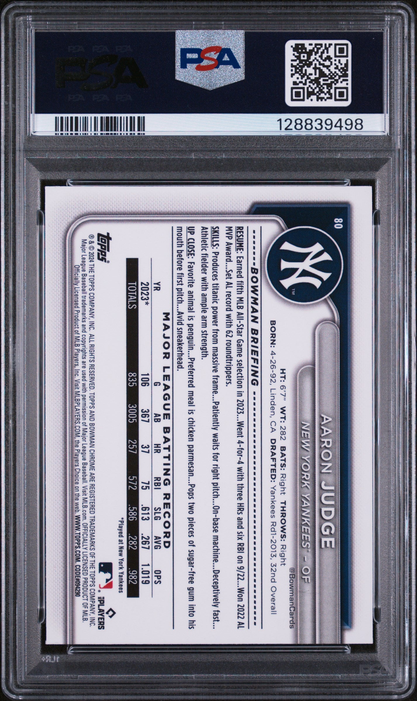 2024 Bowman Chrome Mega Box Prospects Pink Refractor Aaron Judge #80 /199 PSA 9