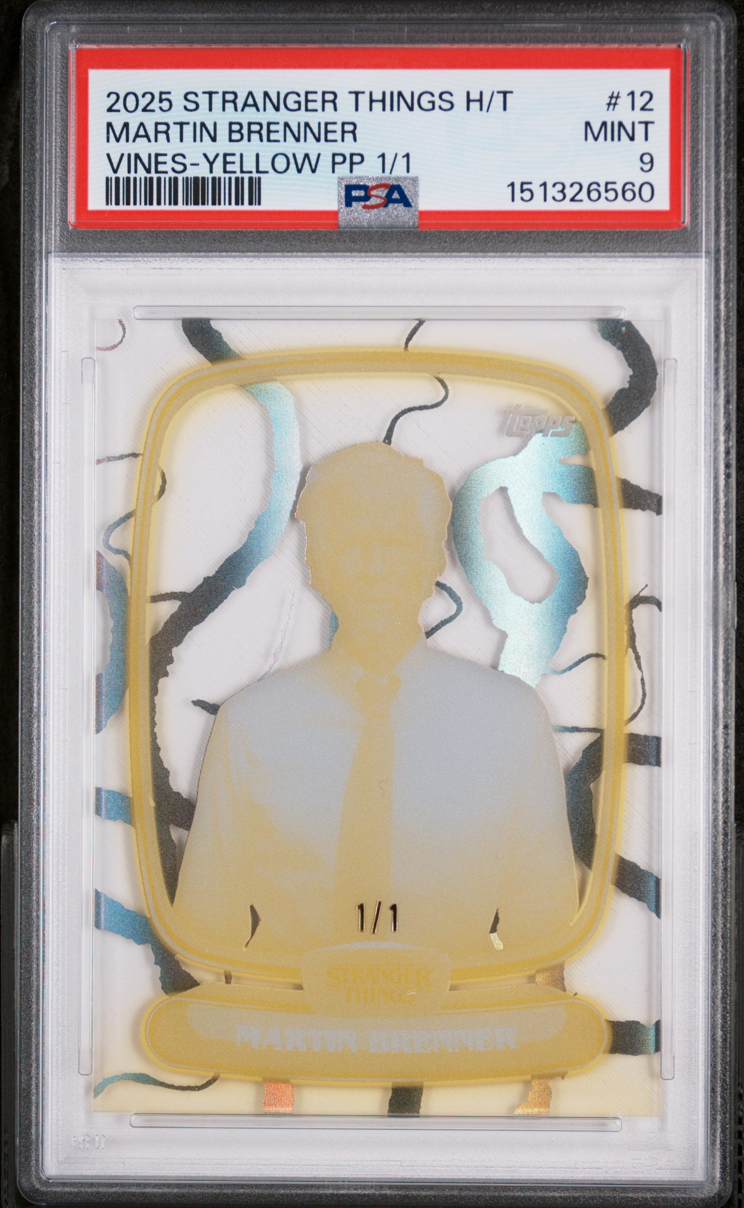 2025 Topps Stranger Things High Tek Vines-Yellow Printer Proof 1/1 Martin Brenner #12 PSA 9