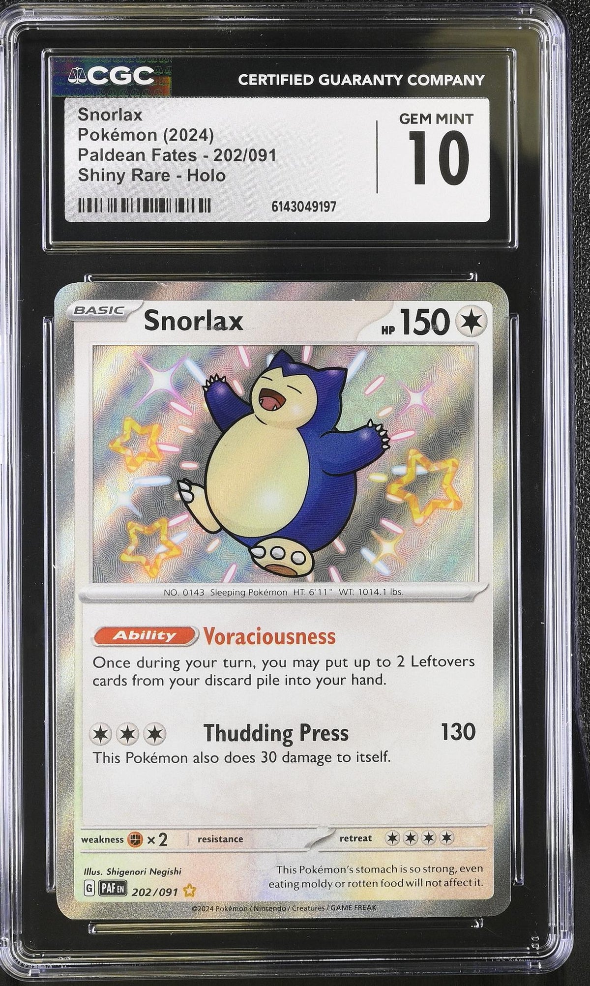 2024 Pokemon #202/091 Snorlax Paldean Fates CGC 10