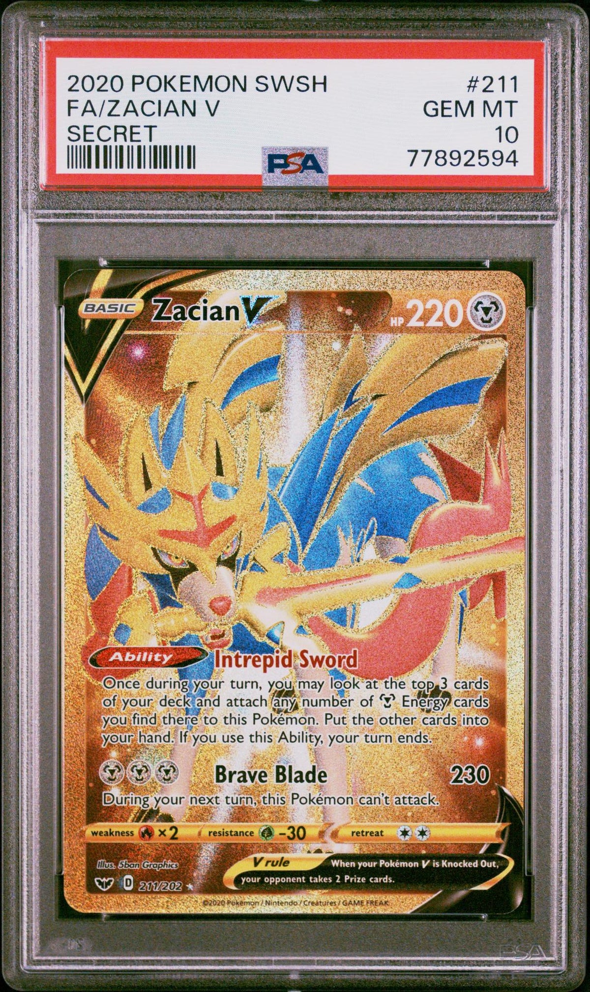 2020 Pokemon Sword and Shield Secret Rare Zacian V #211 PSA 10