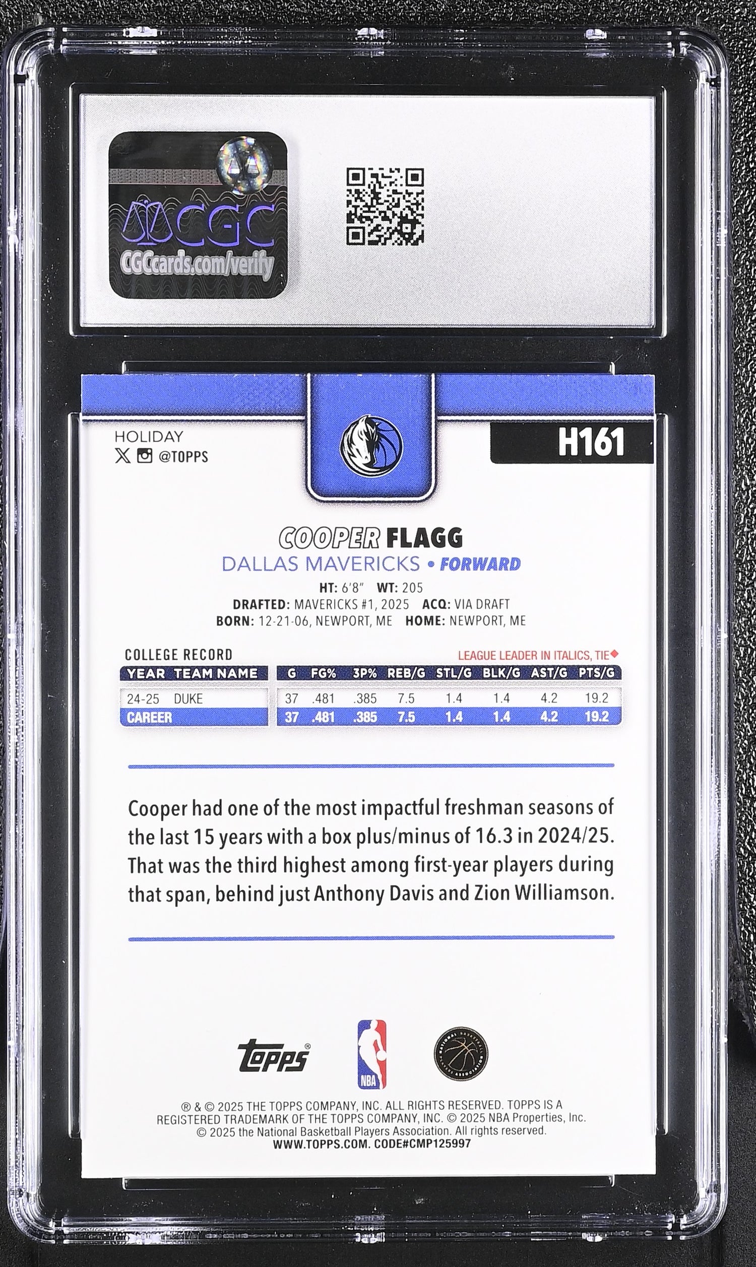 2025 Topps #H161 Cooper Flagg Holiday CGC 10