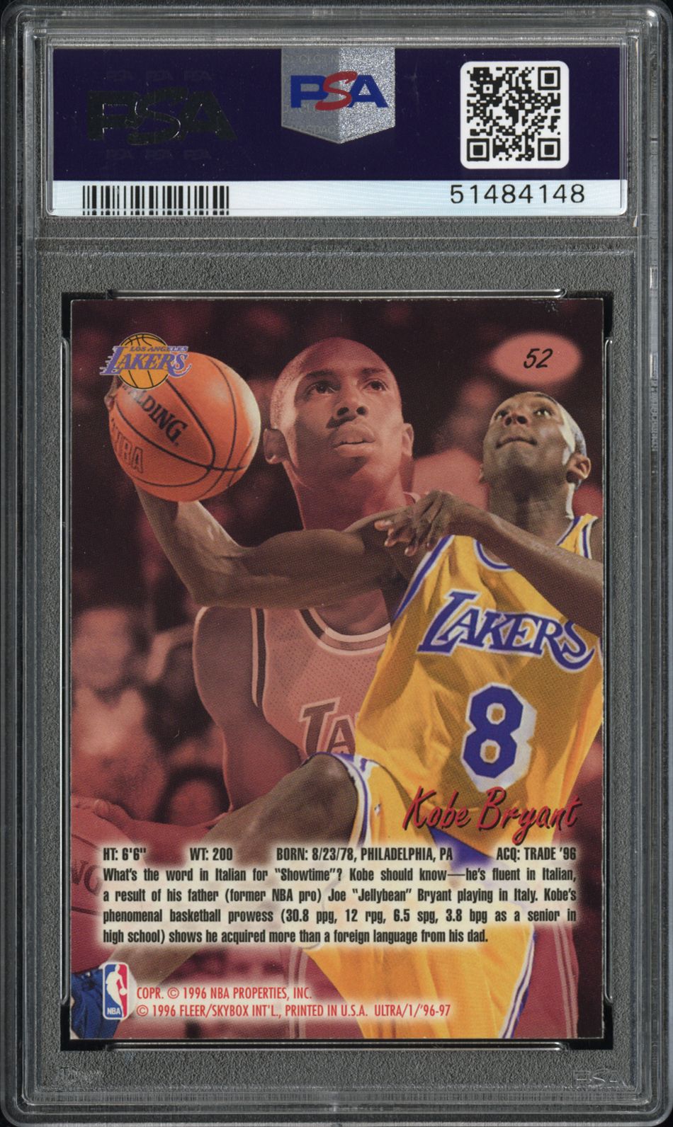 1996 Ultra Kobe Bryant #52 PSA 8