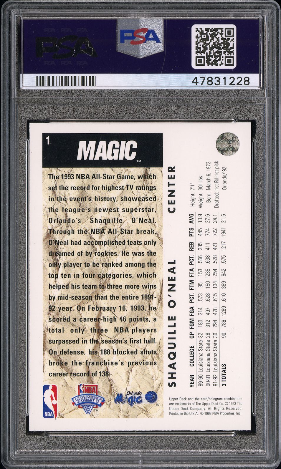 1992 Upper Deck Shaquille O'Neal #1 PSA 9