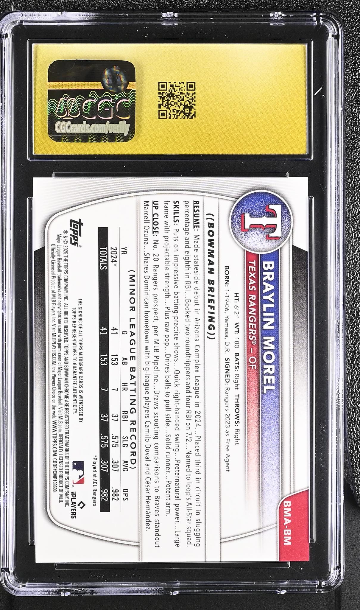 2025 Bowman Chrome #BMA-BM Braylin Morel Mega Box Autographs Auto CGC 10