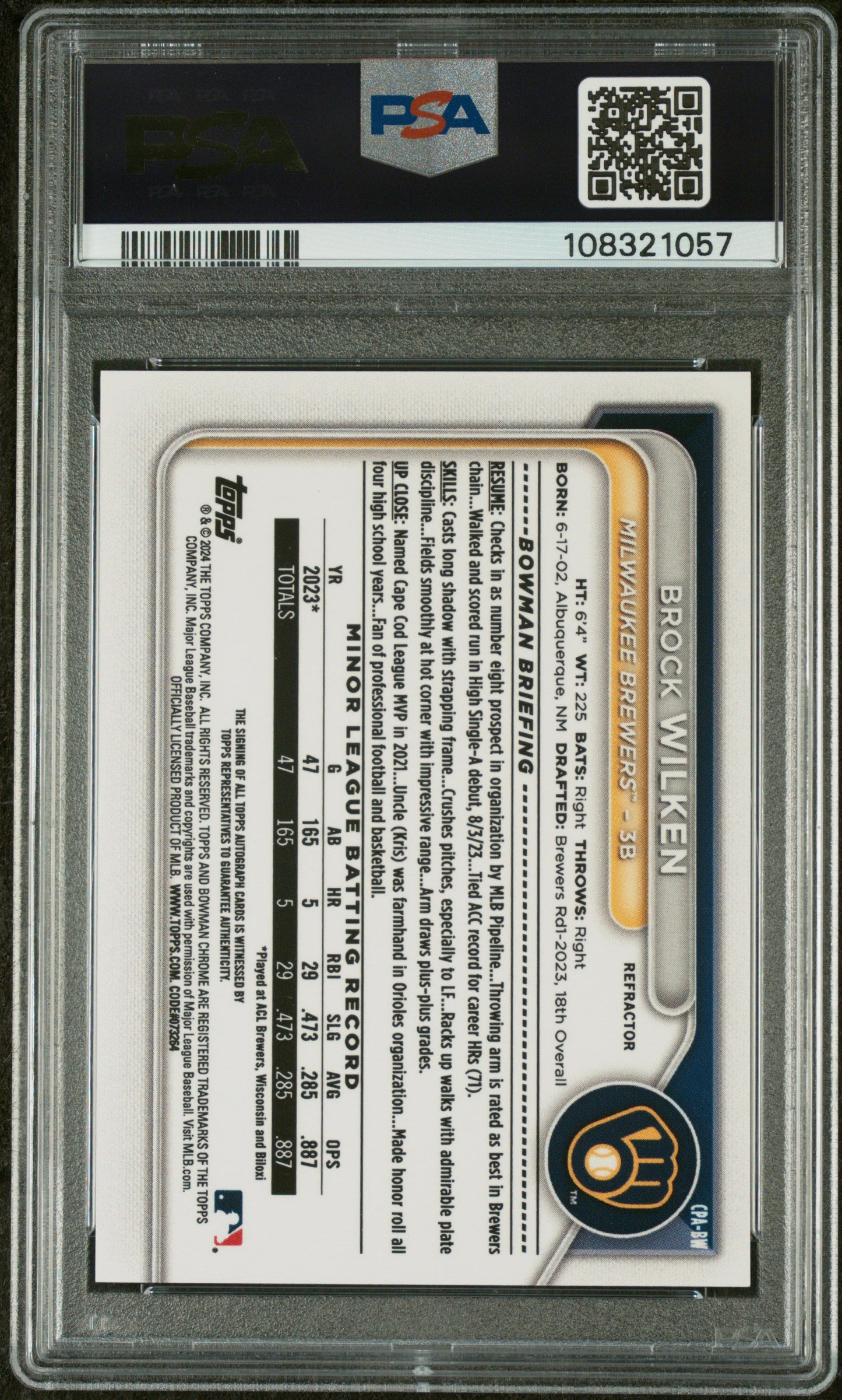 2024 Bowman Chrome Prospect Autograph Refractor Brock Wilken #CPABW /499 PSA 9