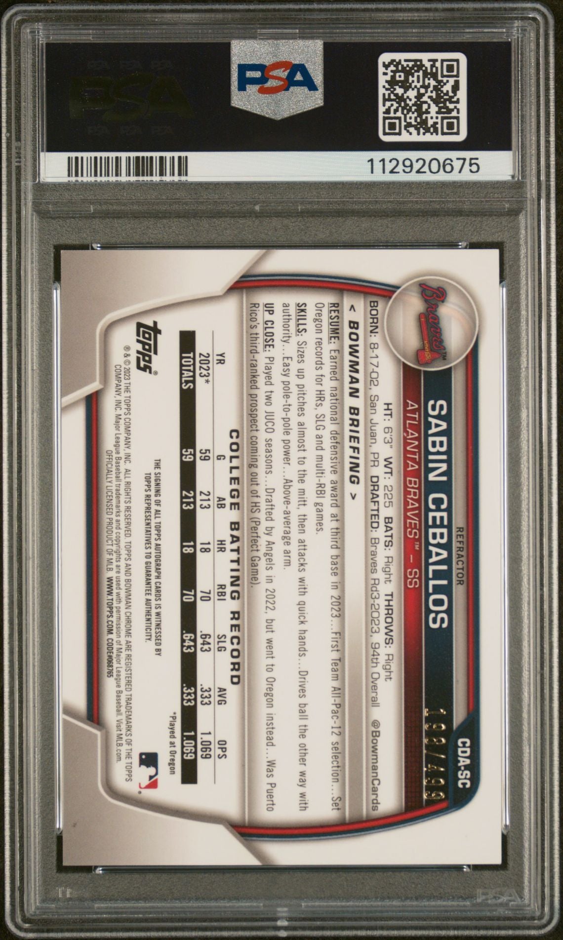 2023 Bowman Draft Chrome Auto Sabin Ceballos #CDA-SC /499 PSA 9