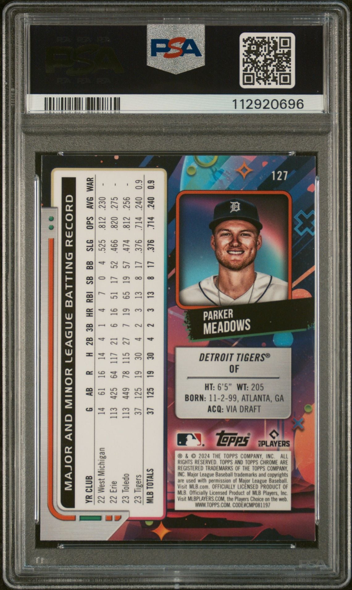 2024 Topps Chrome Cosmic Orange Galactic Parker Meadows #127 RC /25 PSA 9