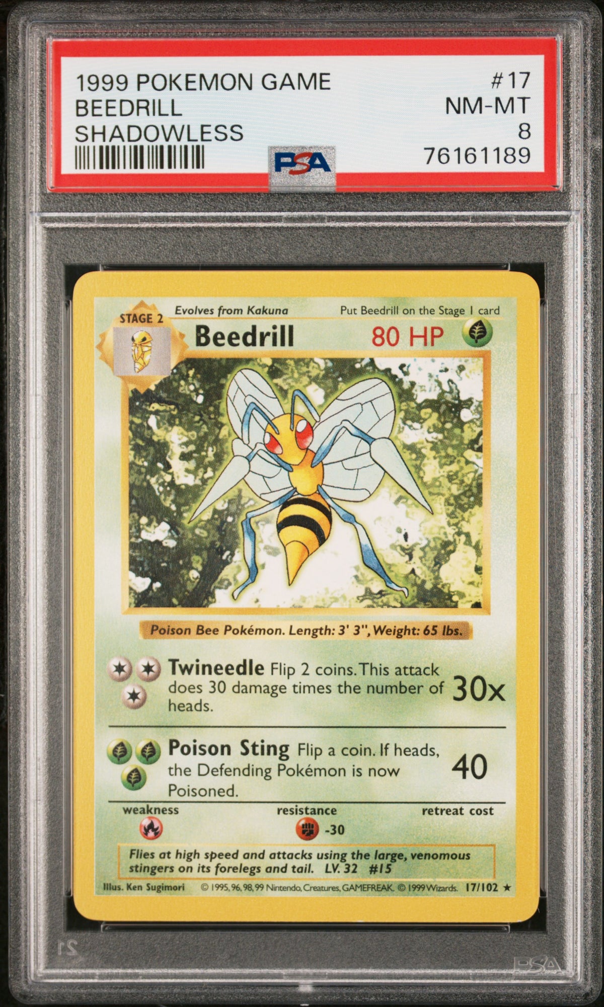 1999 Pokemon Base Set Shadowless Beedrill #17 PSA 8
