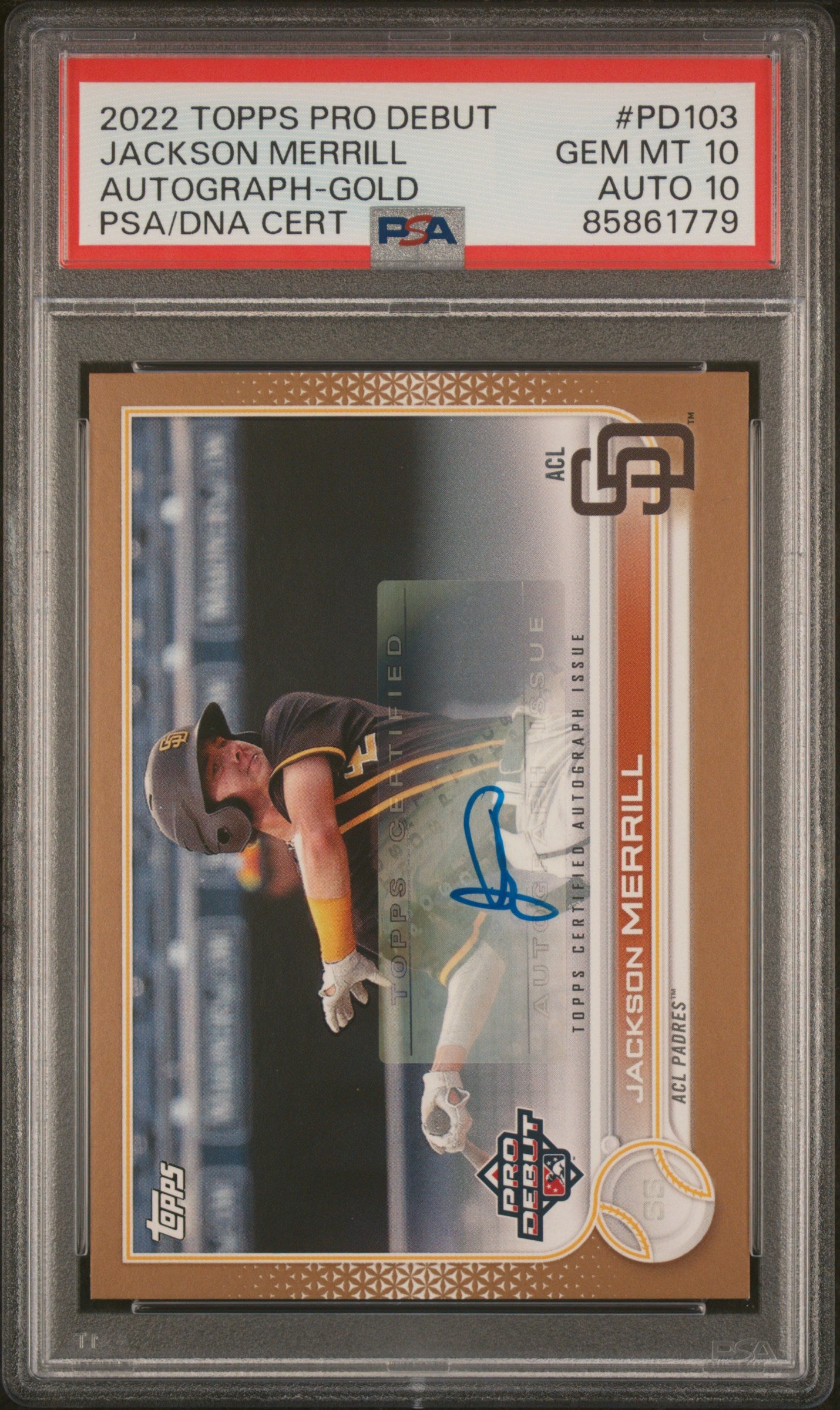 2022 Topps Pro Debut Autographs Gold Jackson Merrill #PD103 /50 PSA 10