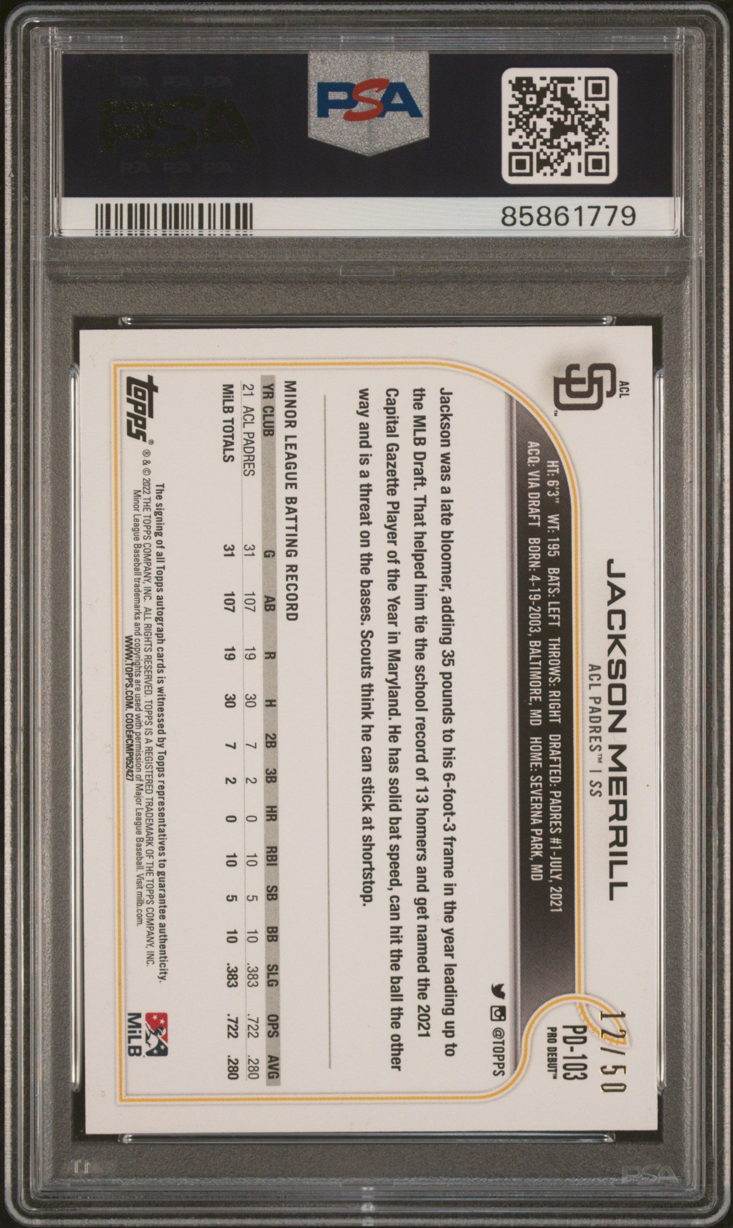2022 Topps Pro Debut Autographs Gold Jackson Merrill #PD103 /50 PSA 10