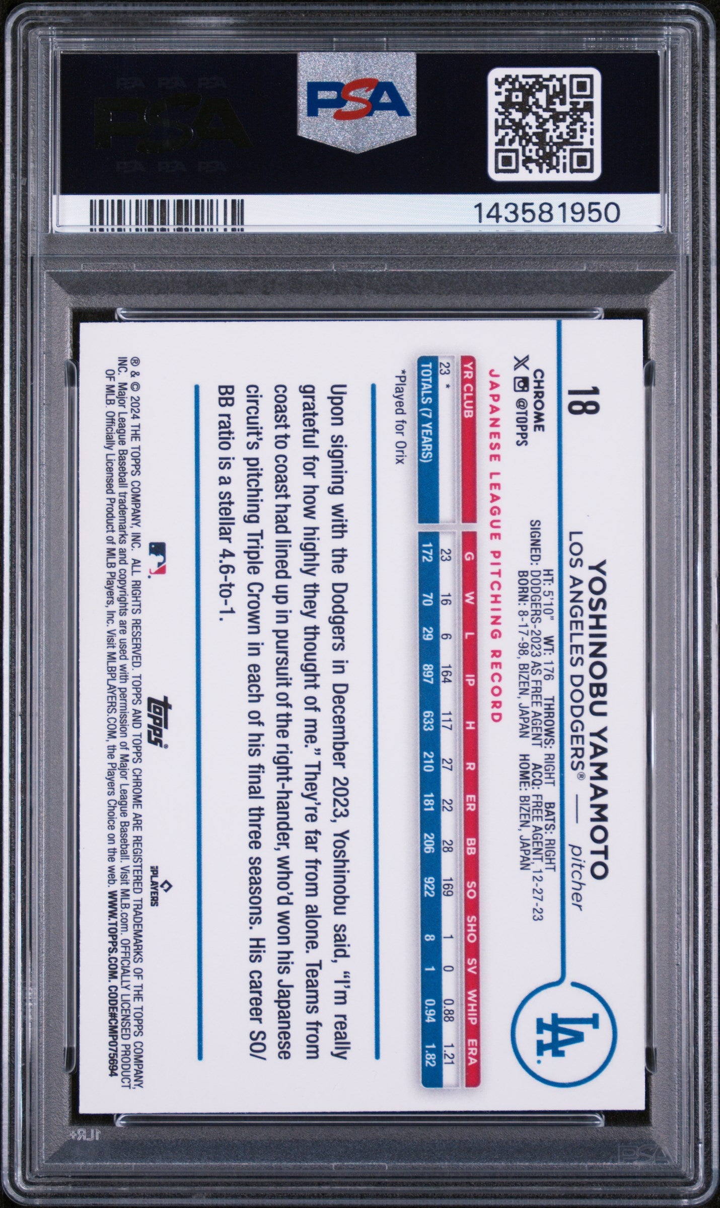 2024 Topps Chrome Xfractor Yoshinobu Yamamoto #18 PSA 9