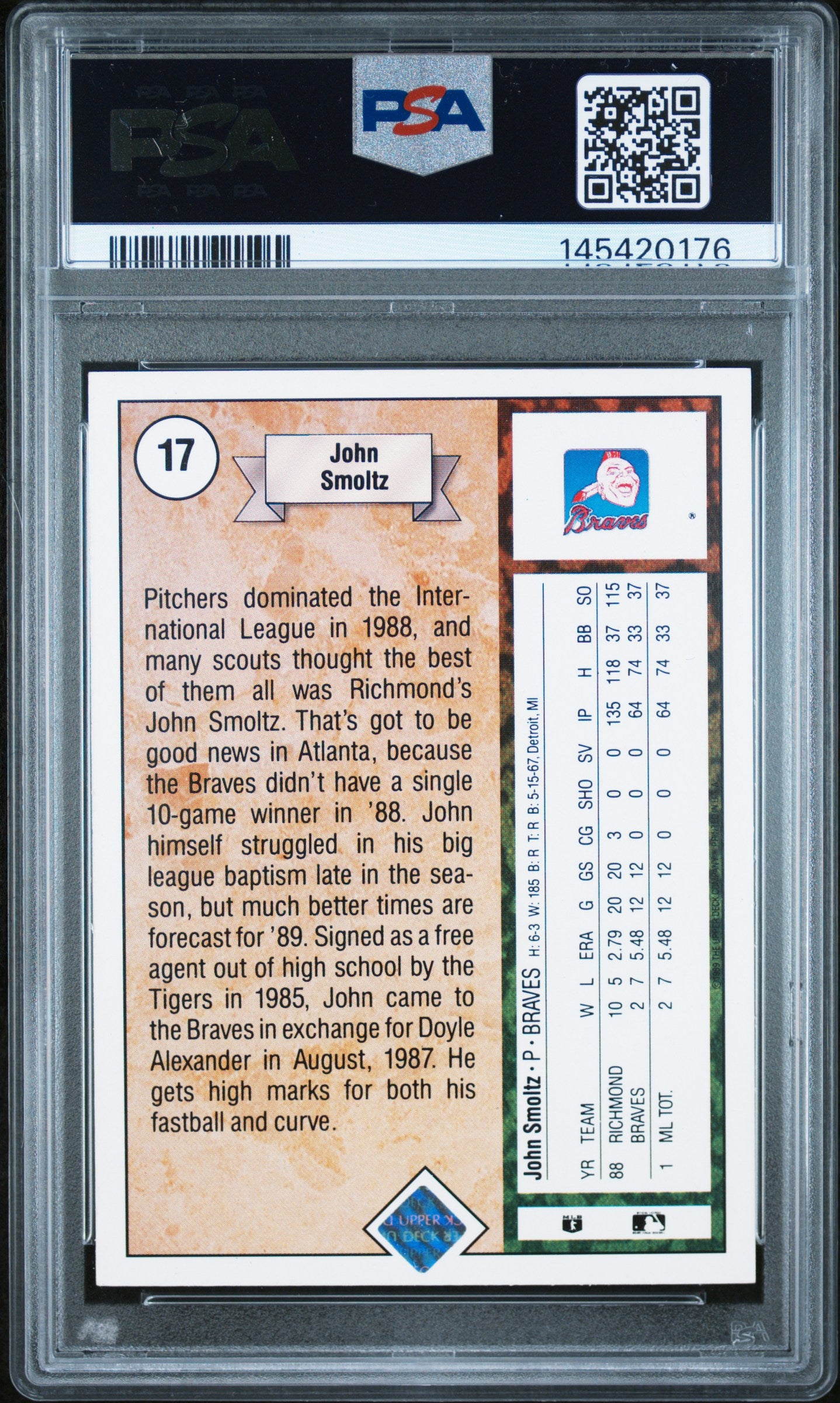 1989 Upper Deck Star Rookie John Smoltz #17 PSA 8