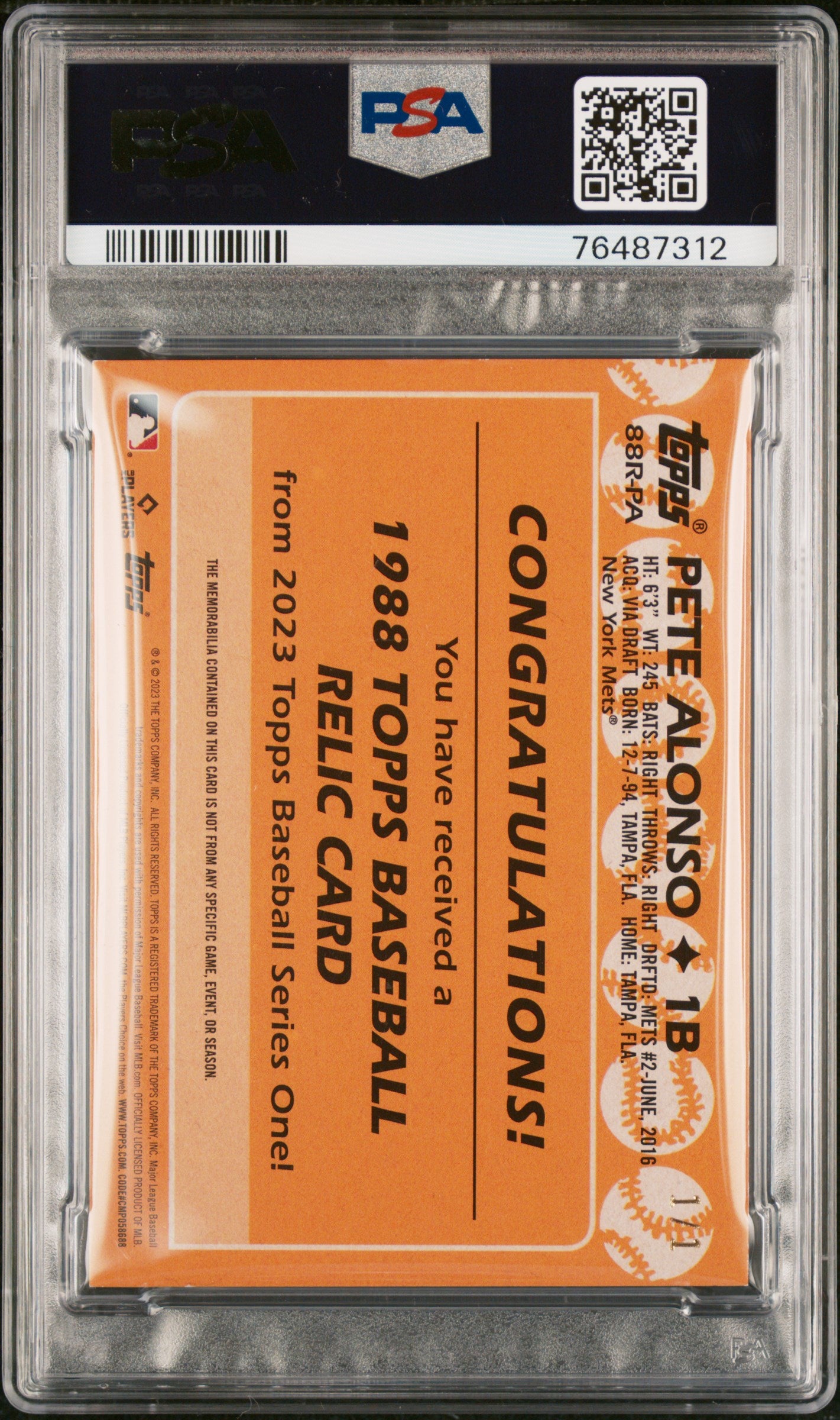 2023 Topps 1988 Topps Baseball Relics Platinum 1/1 Pete Alonso #88RPA PSA 9