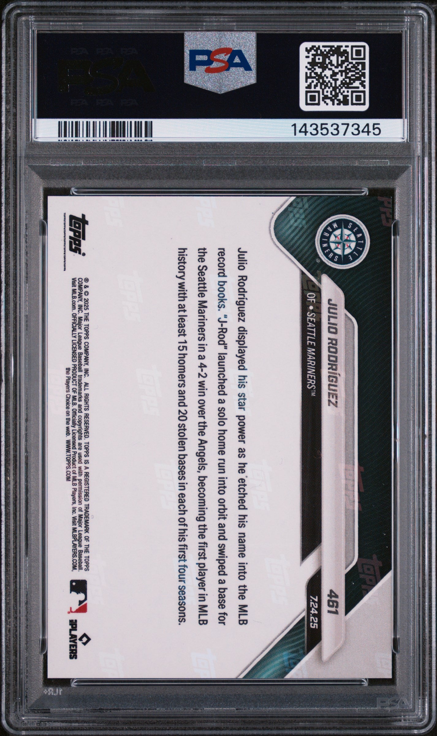 2025 Topps Now Red Foil Julio Rodriguez #461 5/5 PSA 9