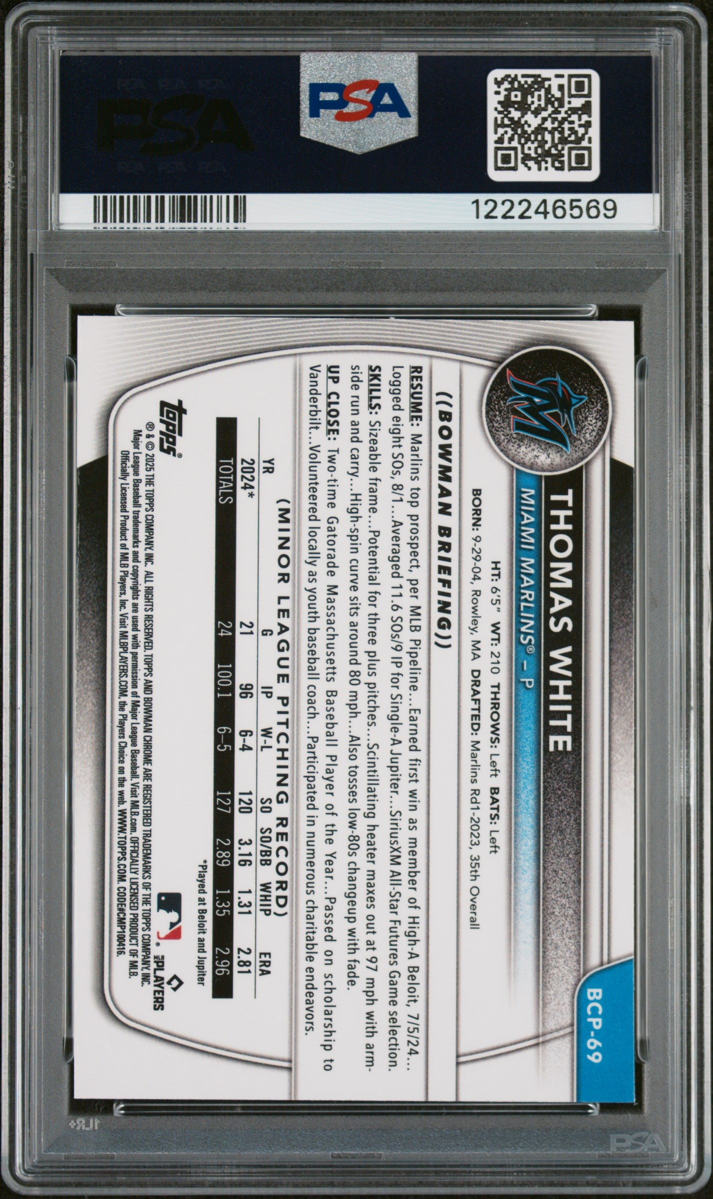 2025 Bowman Chrome Prospects Thomas White #BCP-69 PSA 10