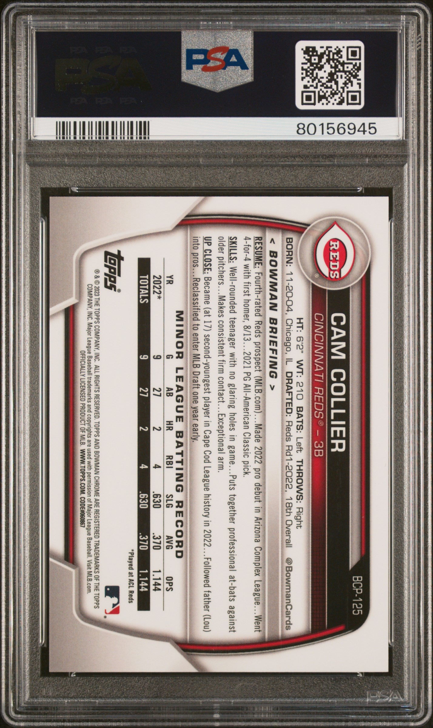 2023 Bowman Mega Box Chrome Purple Refractor Cam Collier #BCP125 /250 PSA 10