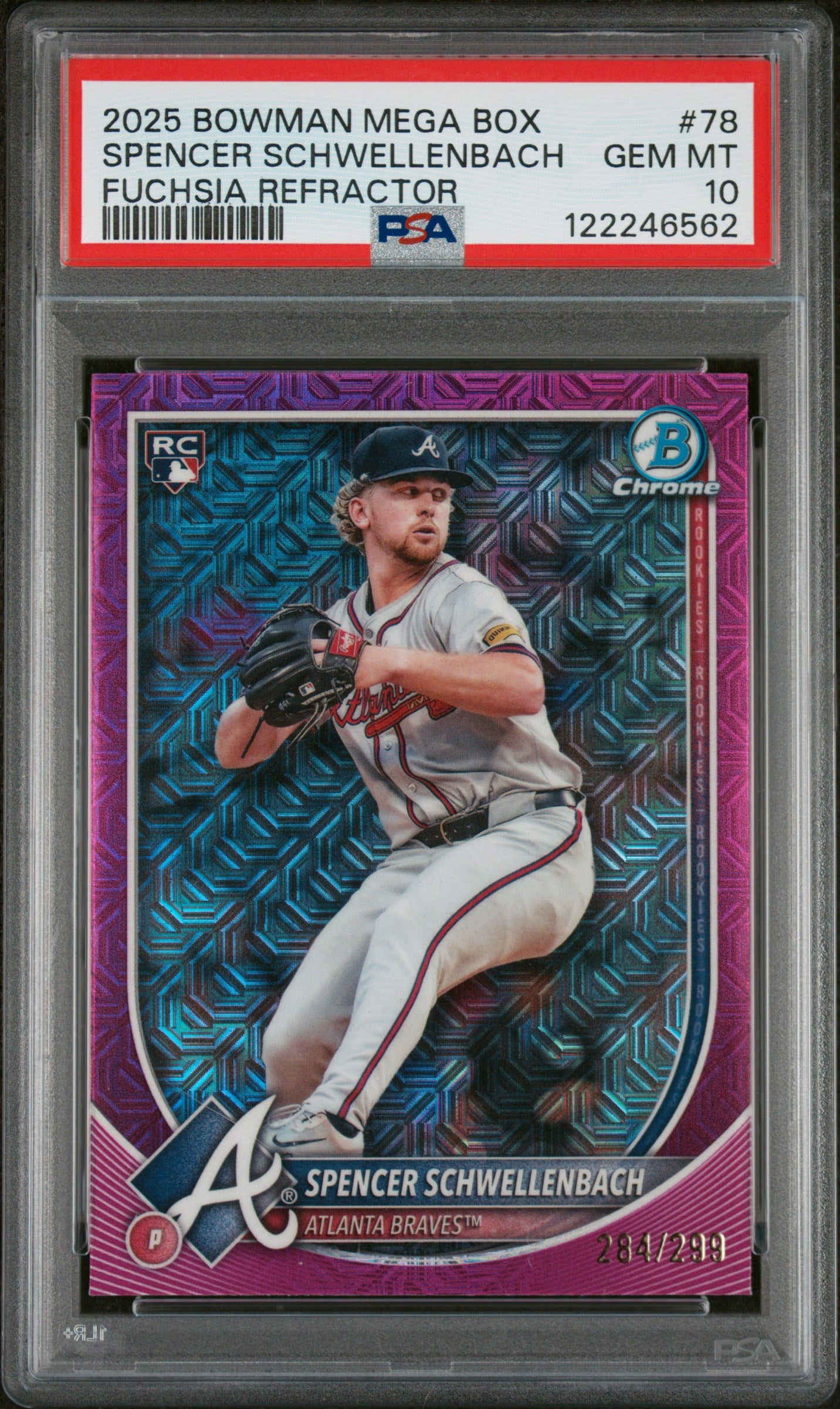2025 Bowman Mega Box Chrome Fuchsia Refractor Spencer Schwellenbach #78 /299 PSA 10