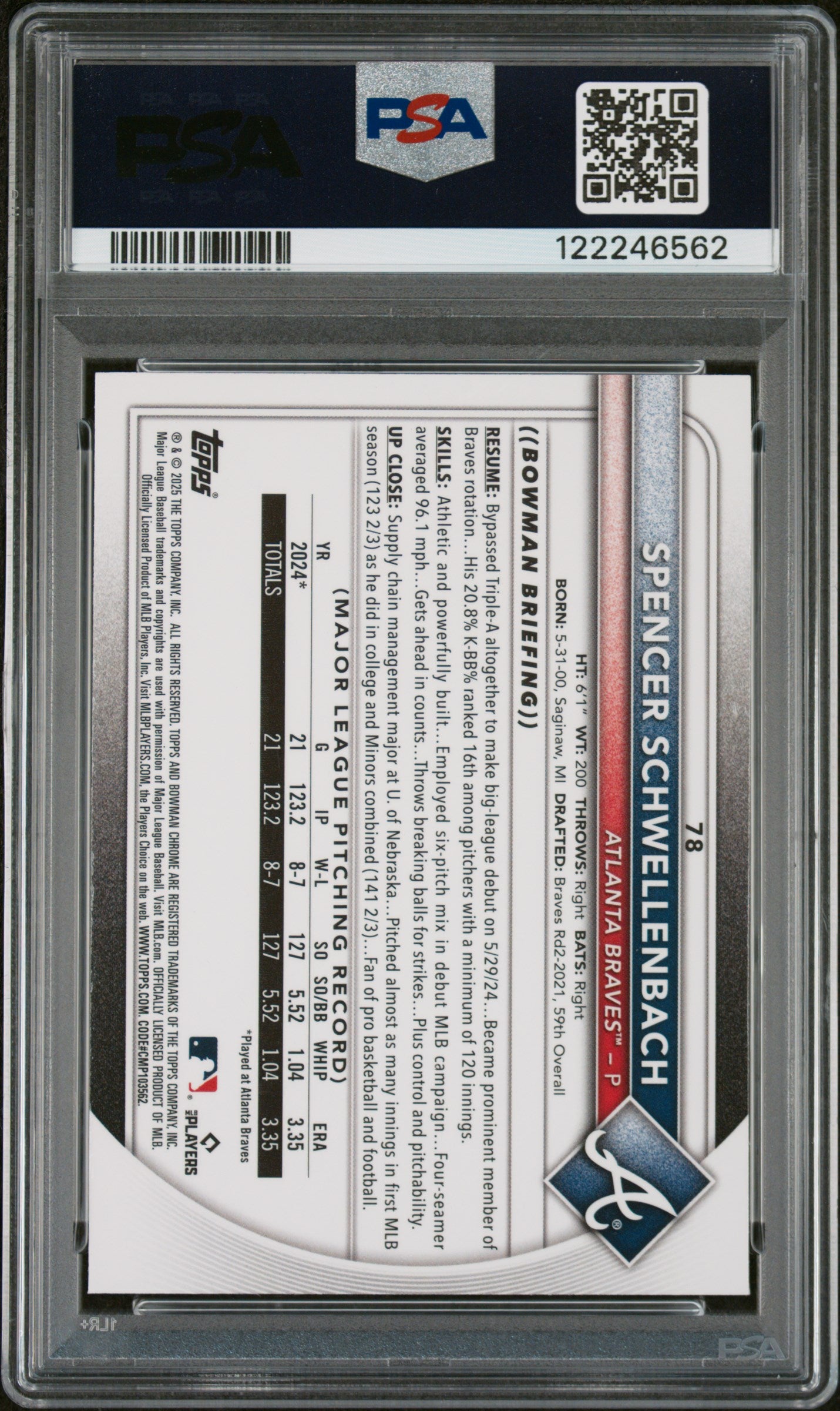 2025 Bowman Mega Box Chrome Fuchsia Refractor Spencer Schwellenbach #78 /299 PSA 10