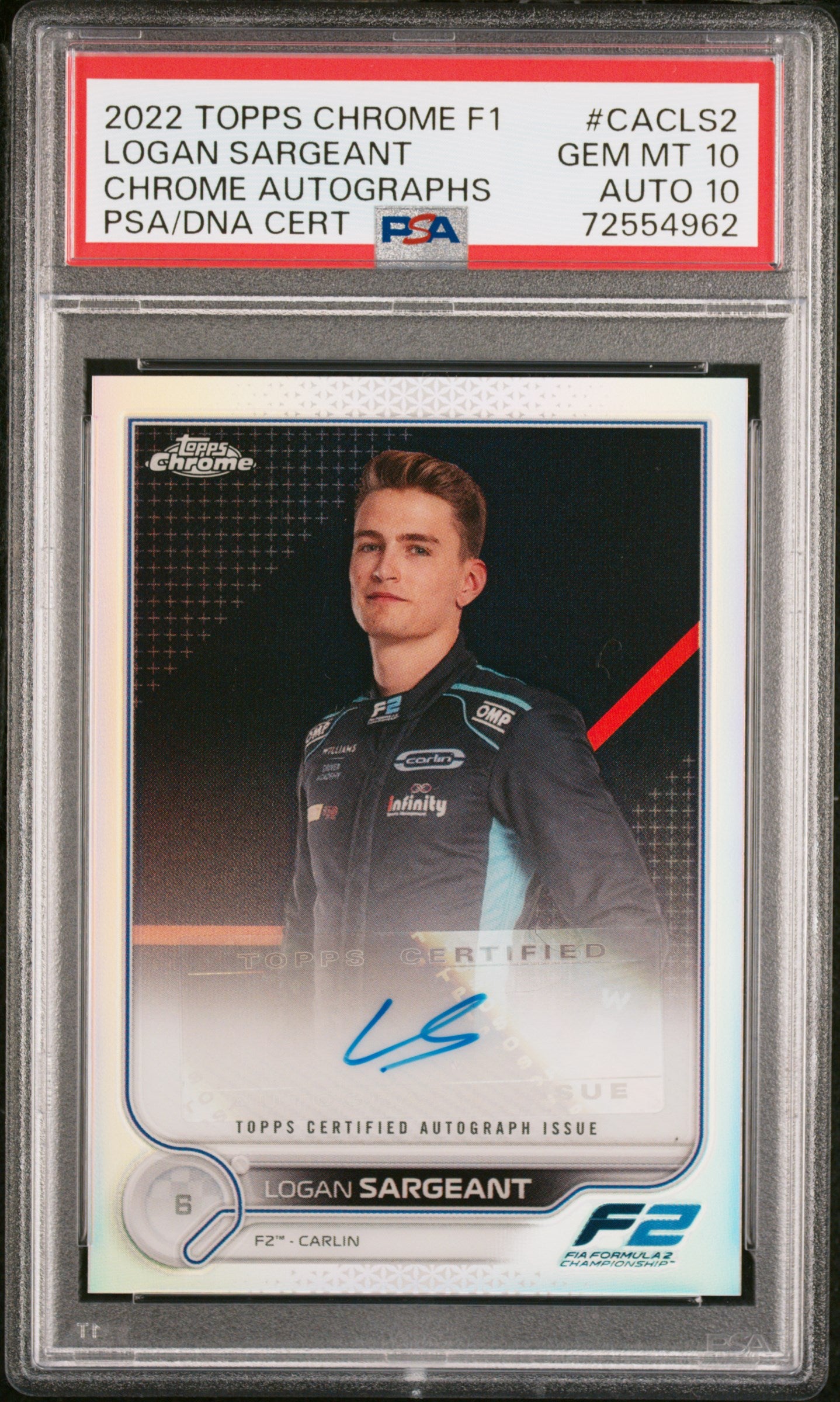 2022 Topps Chrome Formula 1 Chrome Autographs Logan Sargeant #CACLS2 PSA 10