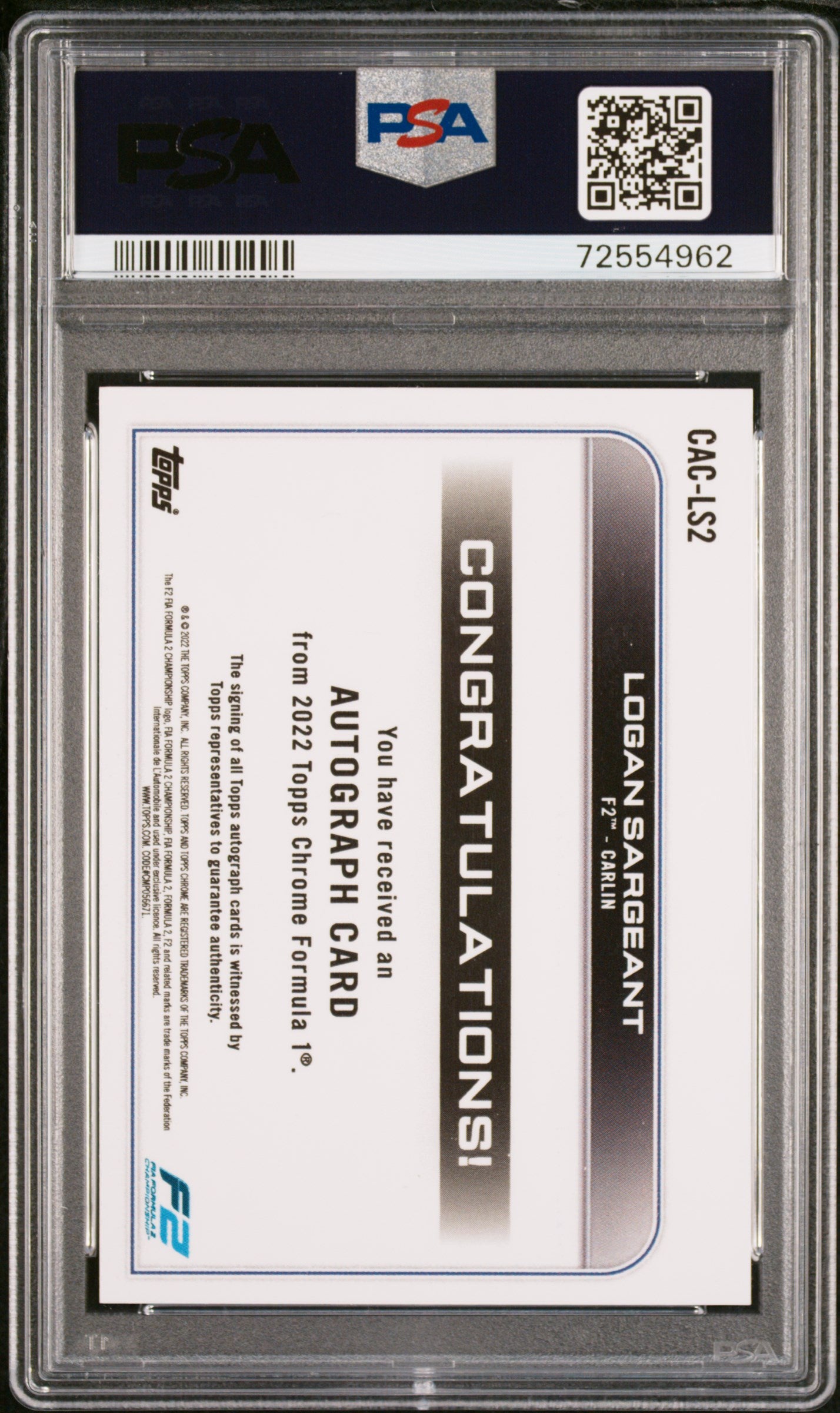 2022 Topps Chrome Formula 1 Chrome Autographs Logan Sargeant #CACLS2 PSA 10