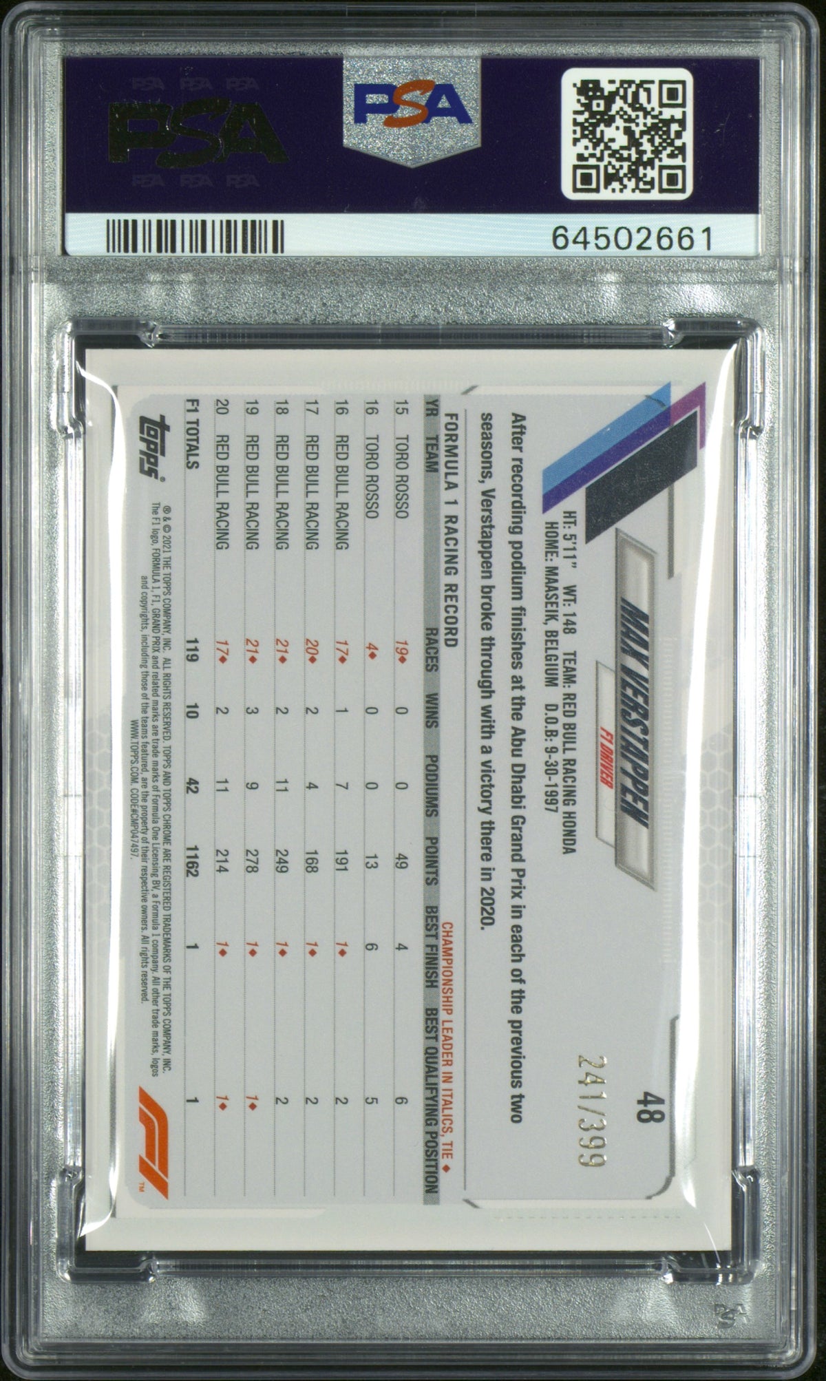 2021 Topps Chrome Formula 1 Purple Refractor Max Verstappen #48 /399 PSA 8