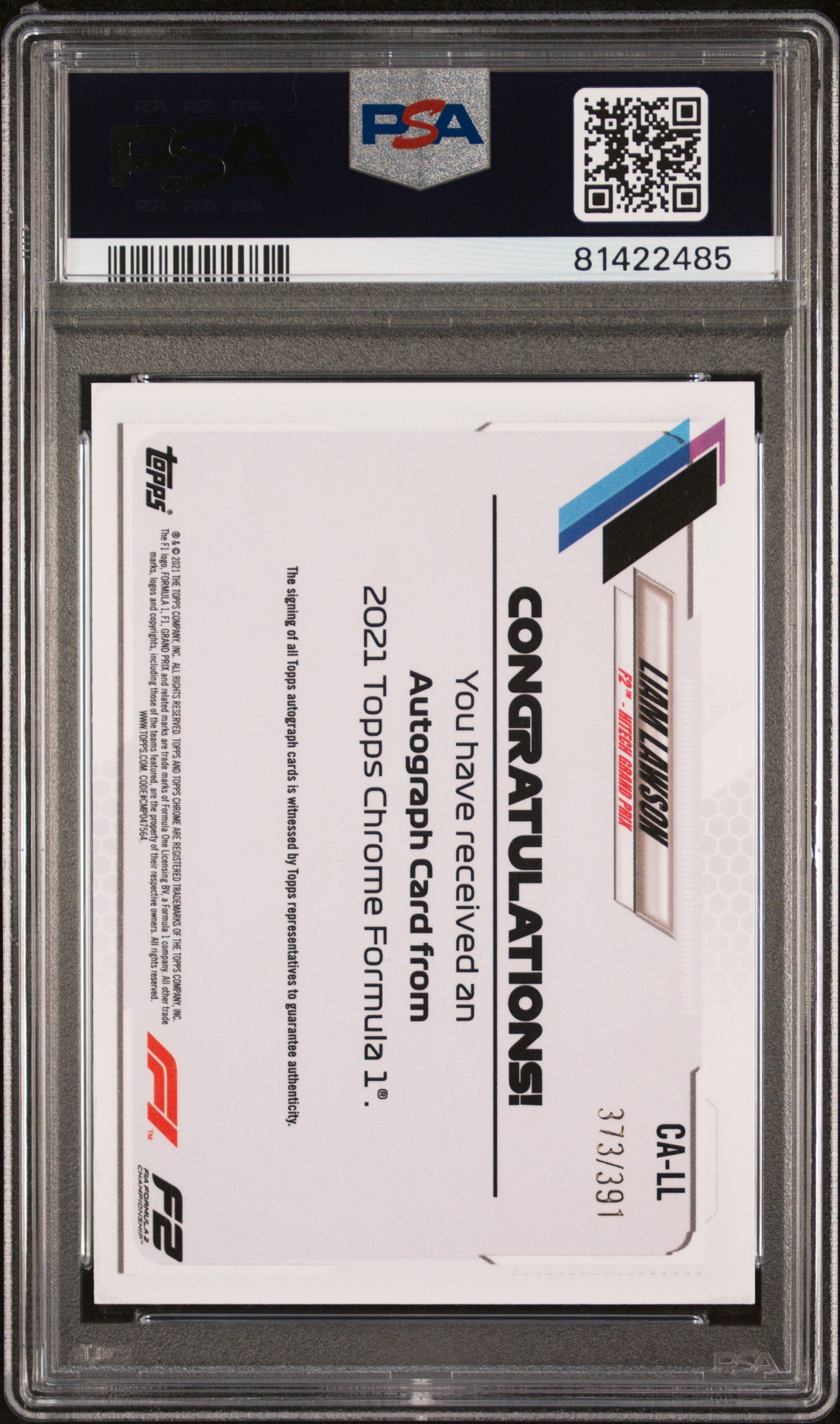 2021 Topps Chrome Formula 1 Autograph Liam Lawson #CALL /391 PSA 10
