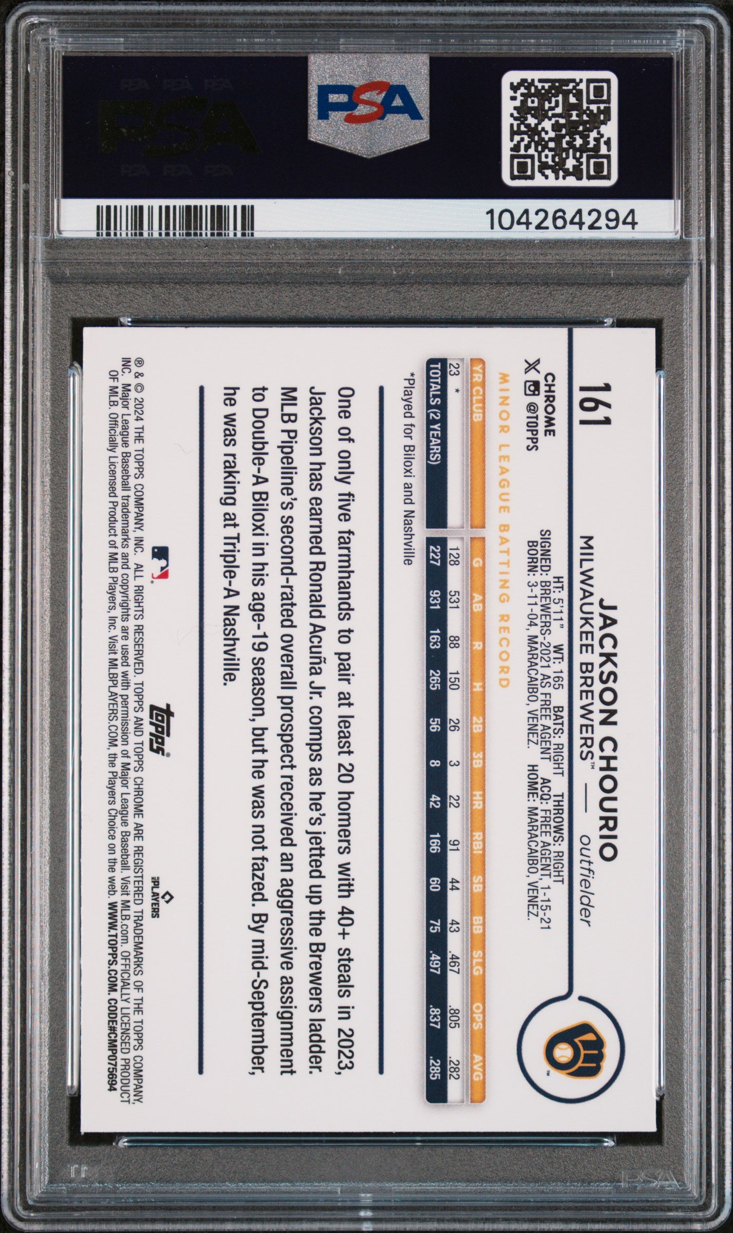 2024 Topps Chrome Purple Speckle Refractor Jackson Chourio #161 /299 PSA 10