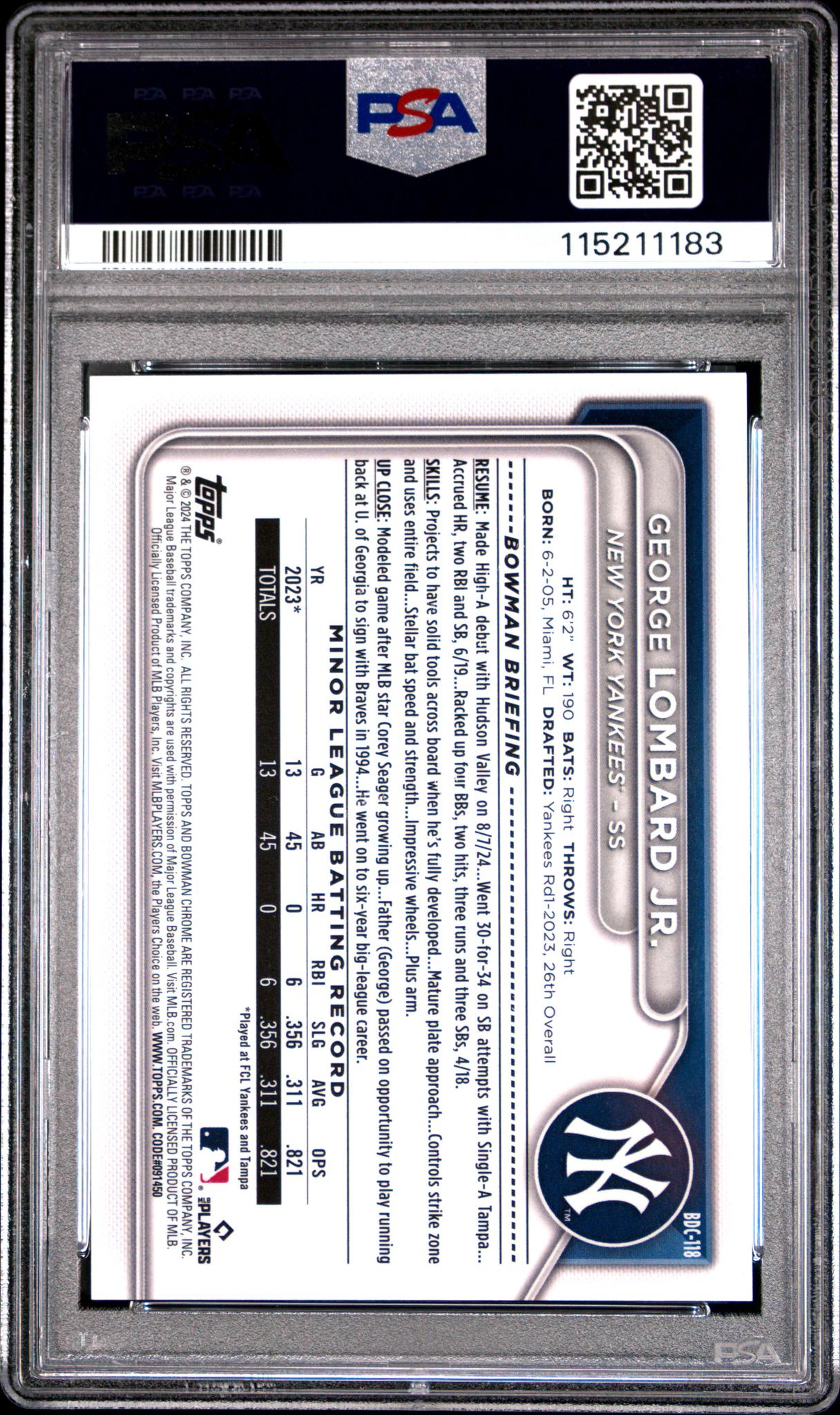 2024 Bowman Draft Chrome-Red Lava George Lombard Jr. #BDC118 /5 PSA 10