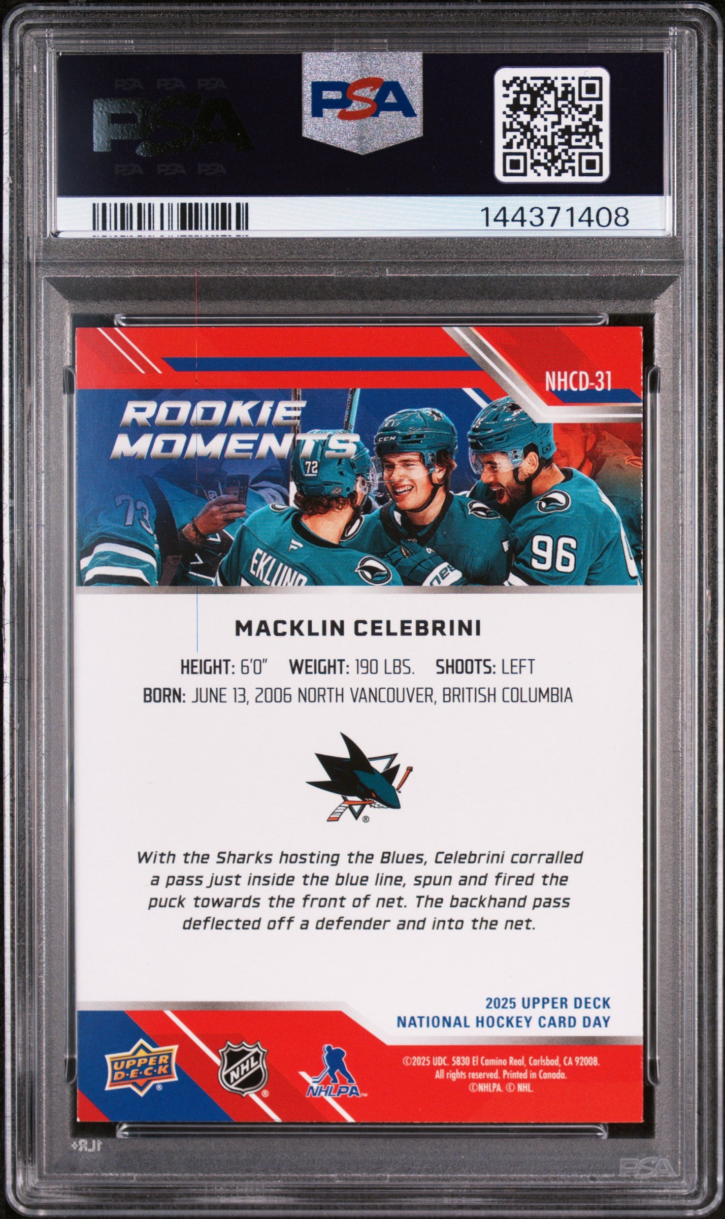 2025 Upper Deck National Hockey Card Day Macklin Celebrini #NHCD31 PSA 9