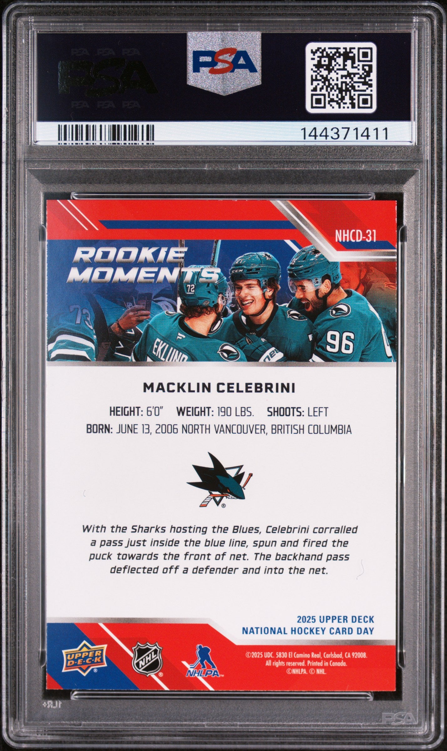 2025 Upper Deck National Hockey Card Day Macklin Celebrini #NHCD31 PSA 9