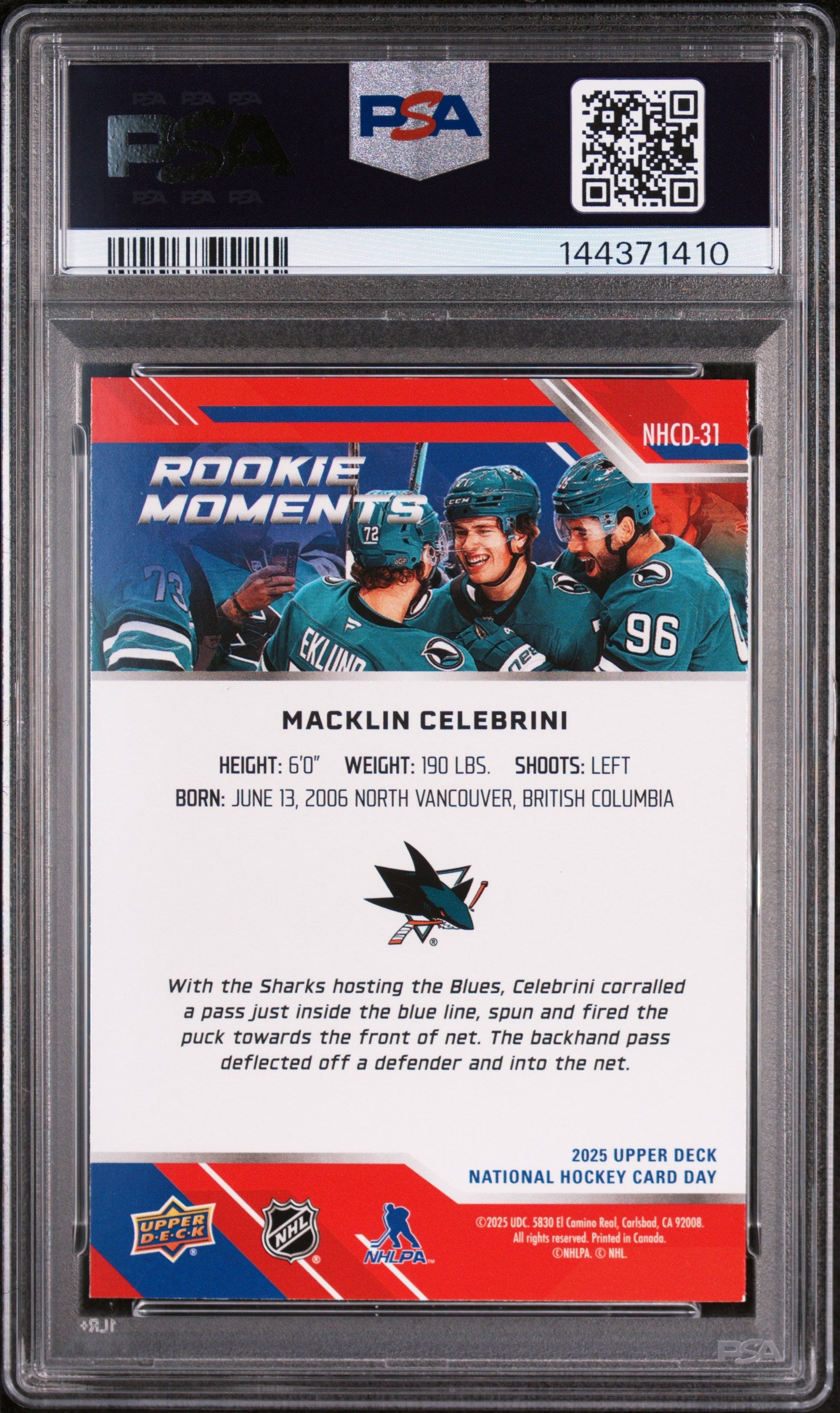 2025 Upper Deck National Hockey Card Day Macklin Celebrini #NHCD31 PSA 9