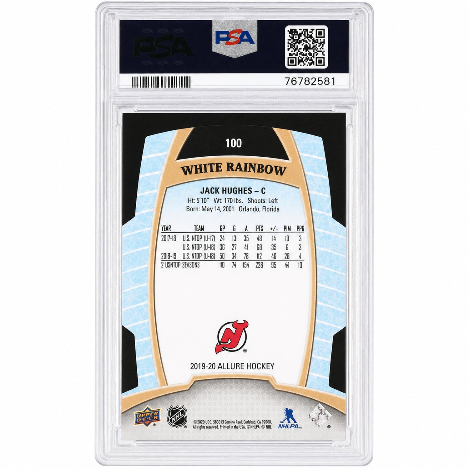 2019 Upper Deck Allure White Rainbow Jack Hughes #100 PSA 9