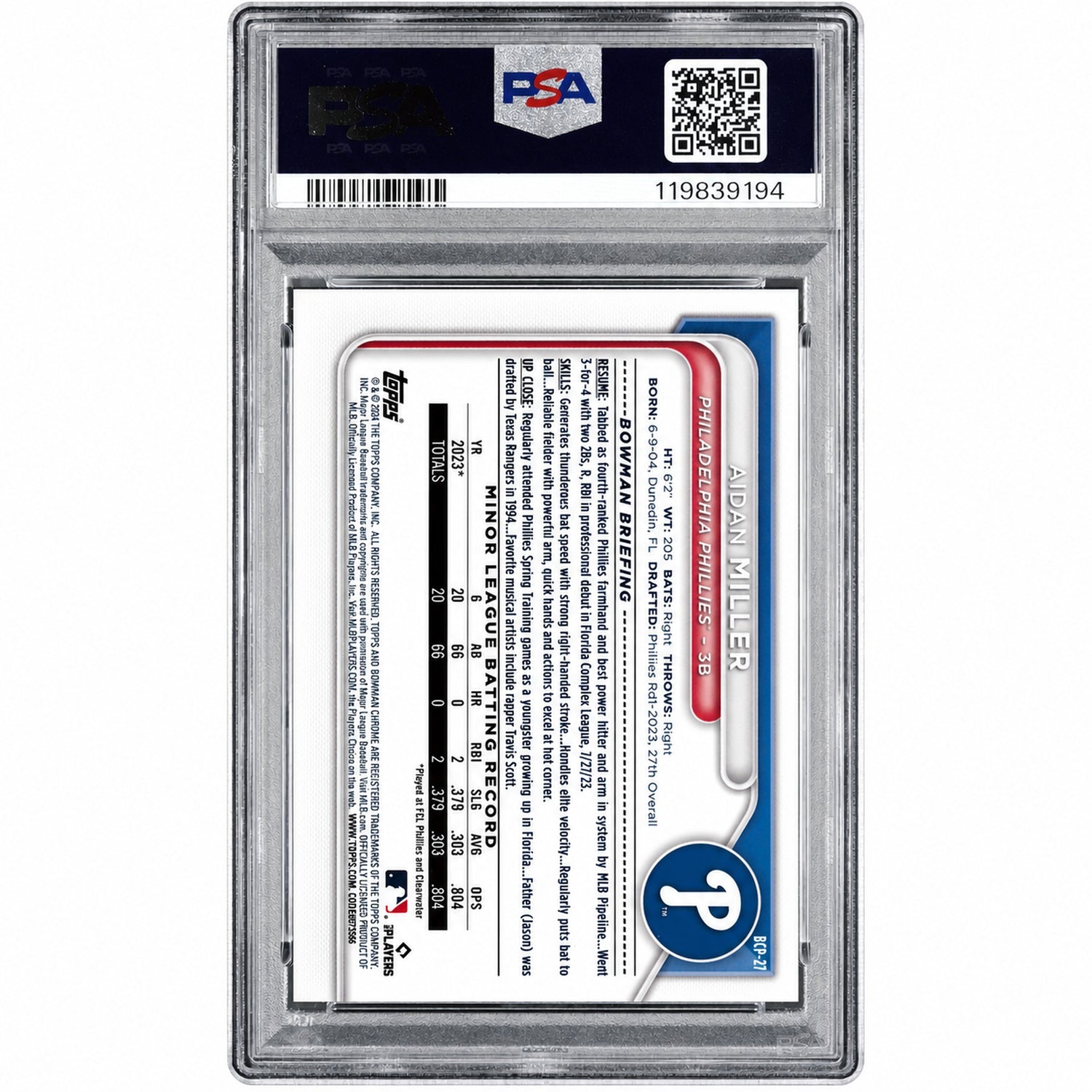 2024 Bowman Chrome Mega Box Prospect Aidan Miller #BCP-27 PSA 10
