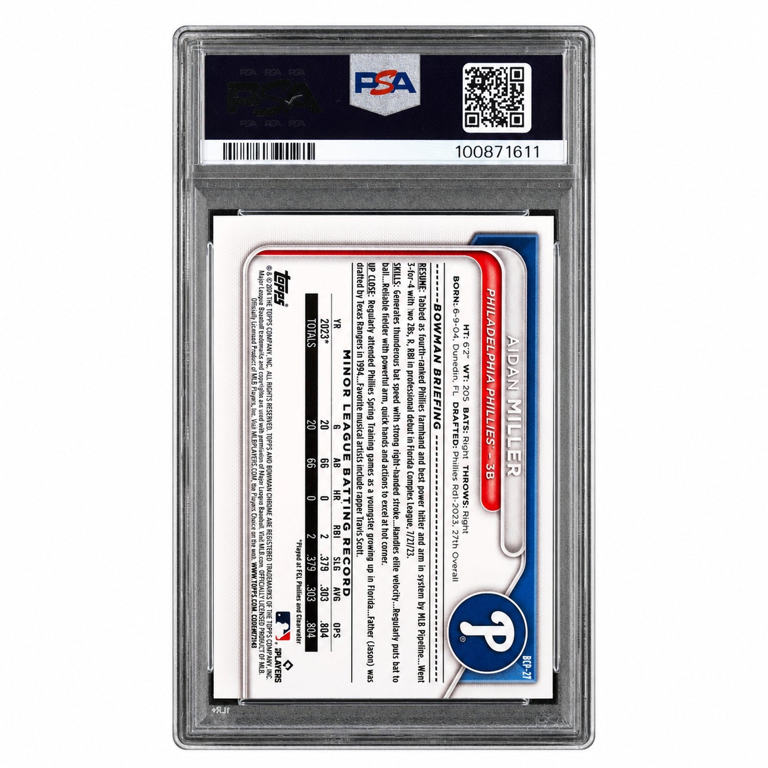 2024 Bowman Chrome Prospect Aidan Miller #BCP-27 PSA 10